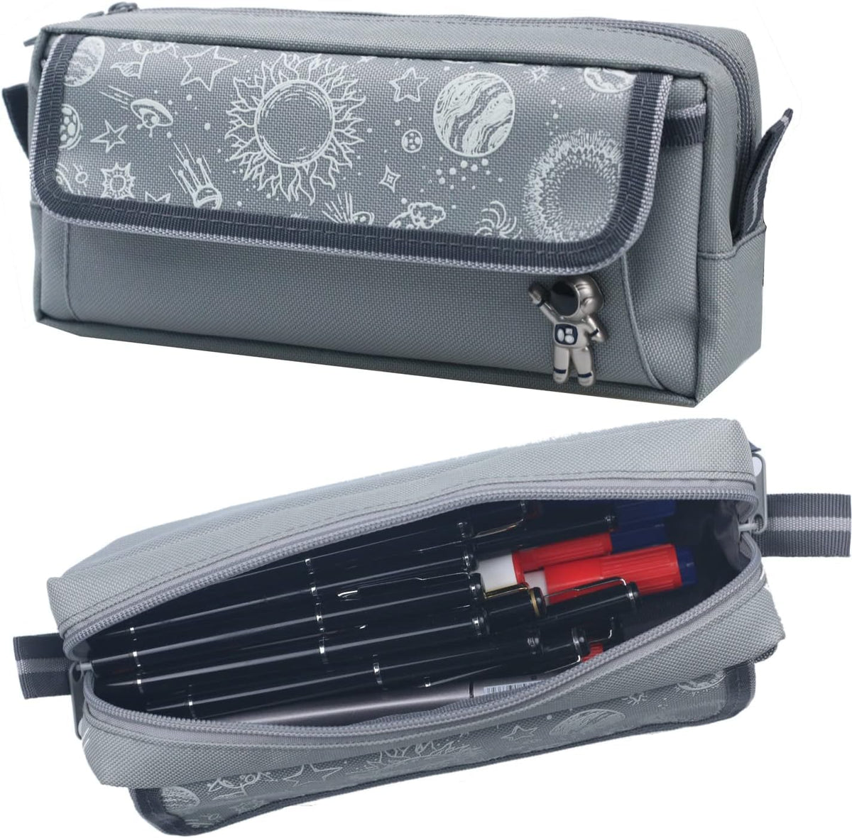 TERRIFI Big Capacity Space Astronaut Pencil Case, 3 Compartments Large Pencil Pouch, Pen Bag Organizer with Zipper for Adults, Girls, Boys, and College Office Essentials, Aesthetic Stationery (Grey)
