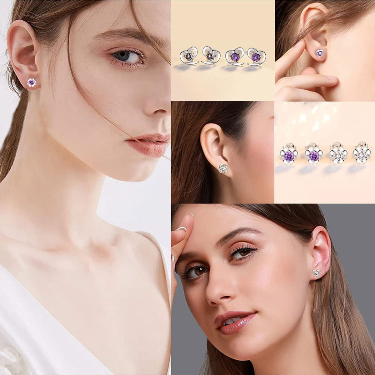 TERRIFI 925 Sterling Silver Stud Earrings Set, Hypoallergenic Sterling Silver Earrings For Women, Flower Clear Cubic Zirconia Stud Earrings, 9 Pairs Different Sizes Sterling Silver Earring Studs