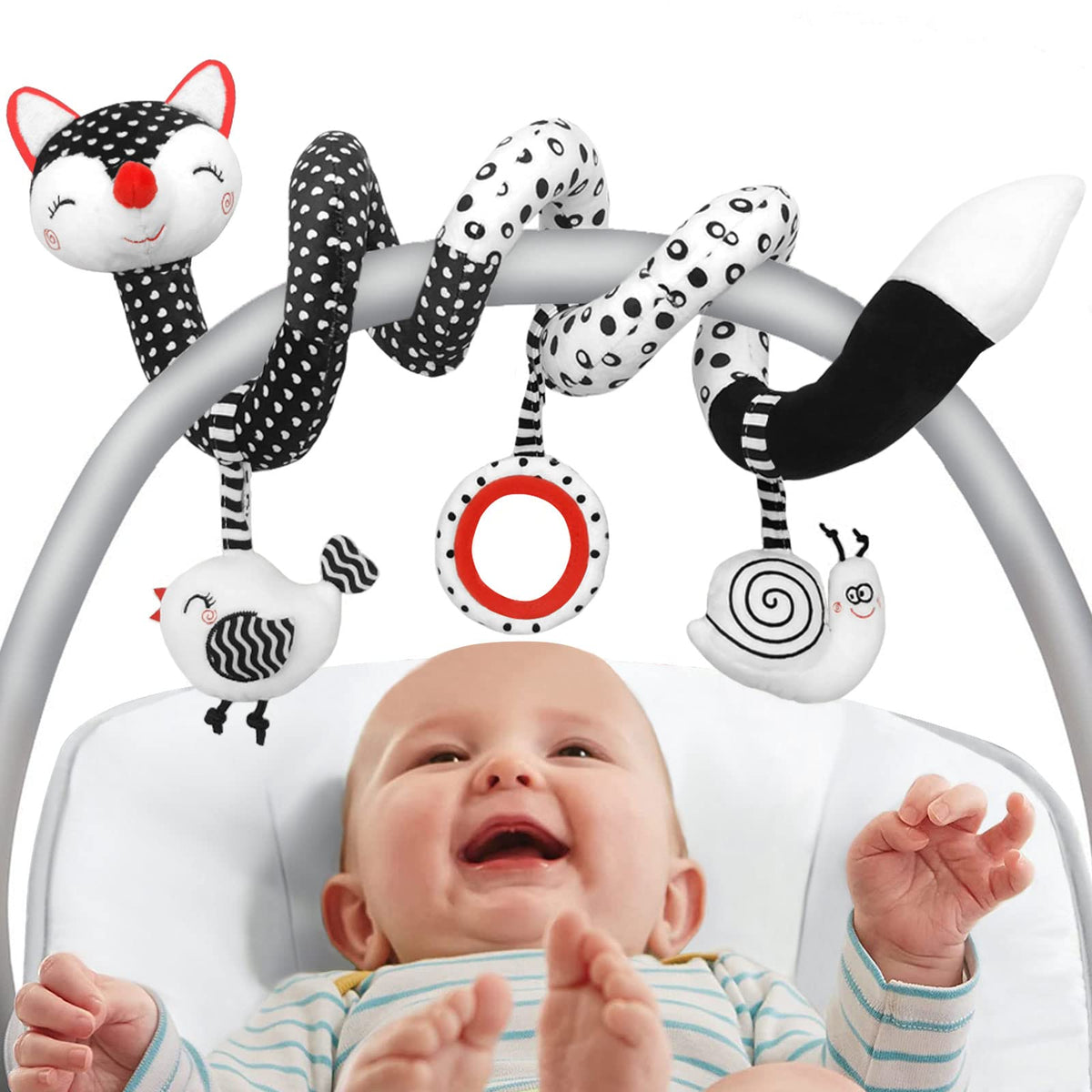 KASTWAVE Infant Car Seat and Stroller Toys - Black and White High Contrast Fox Spiral Activity Plush with Hanging Rattles, Ideal Visual Development Toy for Newborns and Babies, Gift for Girls and Boys