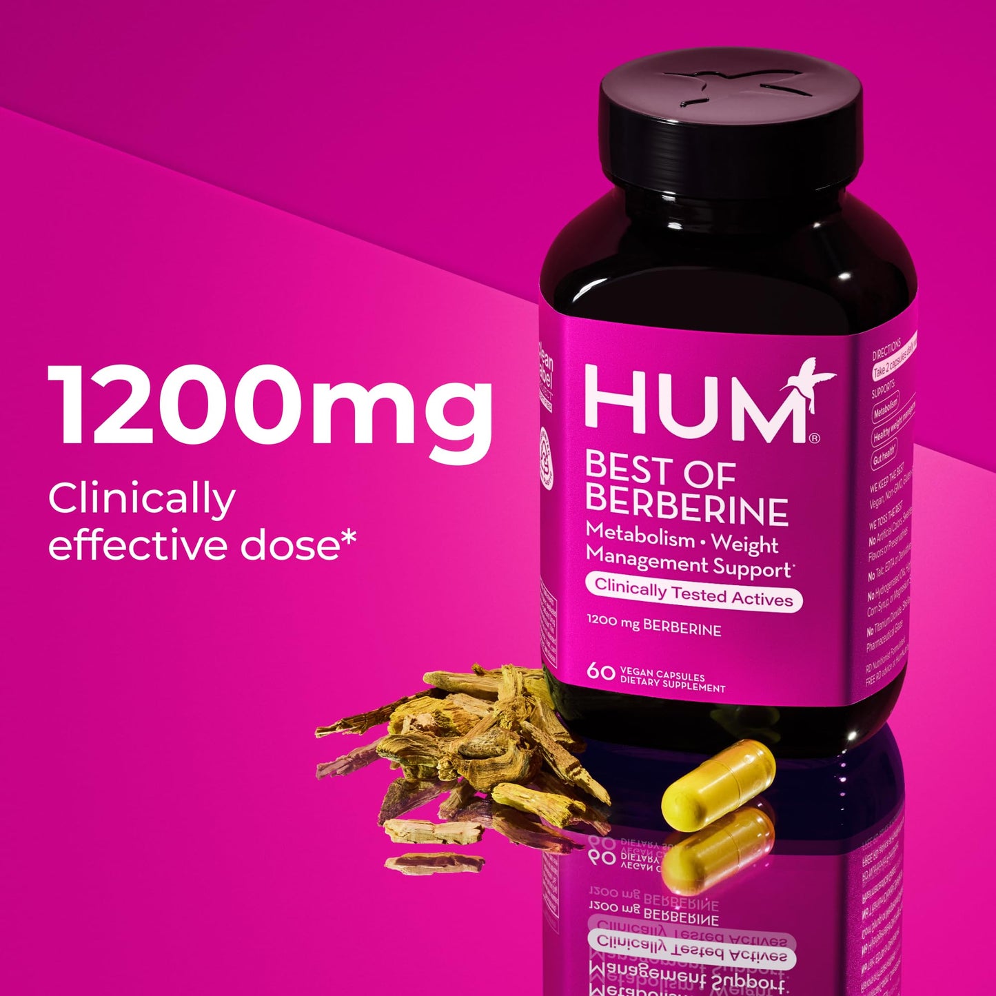 HUM Best of Berberine Supplement 1200mg, Pure Potency for Metabolic Wellness, Gut Health, Pure Berberine Supplements Enhanced with BioPerine for Maximum Absorption, 60 Capsules - Medaid International