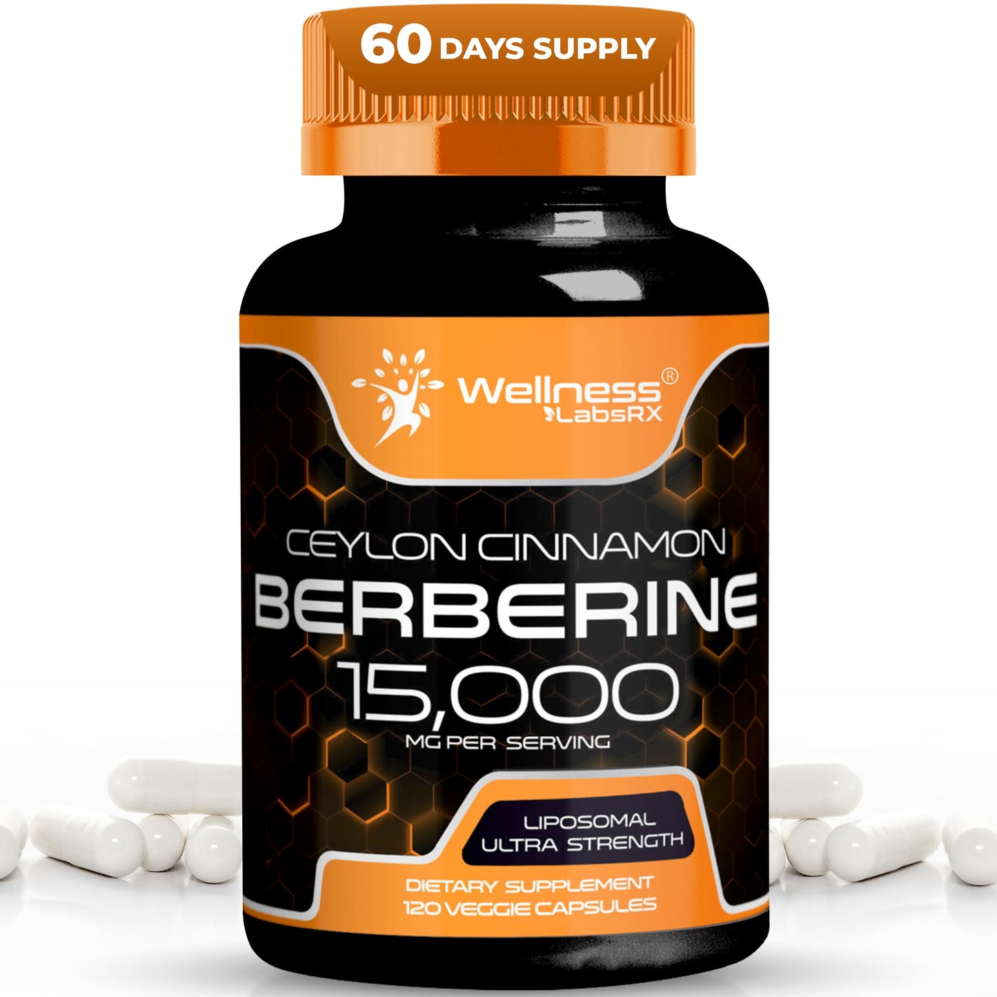 WELLNESS LABSRX Berberine 15,000mg - Third-Party Tested Berberine Supplement HCL with Ceylon Cinnamon, Black Pepper Extract and Apple Cider Vinegar, Heart Support Capsules - 120 Capsules - Pack of 1 - Medaid International