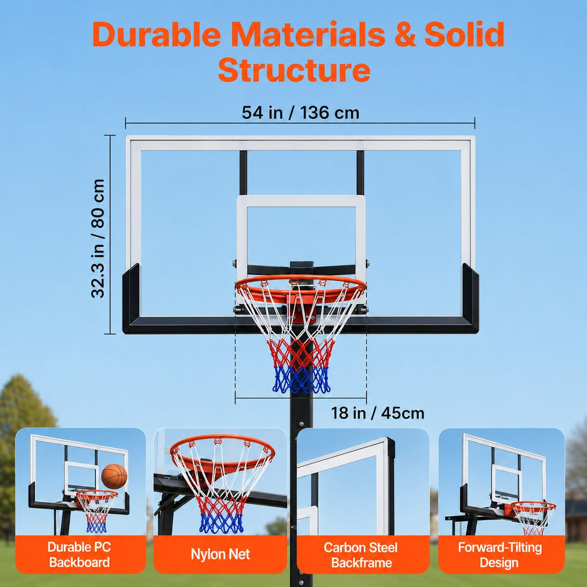 Basketball Hoop, 54 Inch PC Backboard Portable Basketball Goal System, 7.5-10 ft Height Adjustable Indoor Outdoor Hoop with Fillable Base & Wheels for Driveway Backyard Court