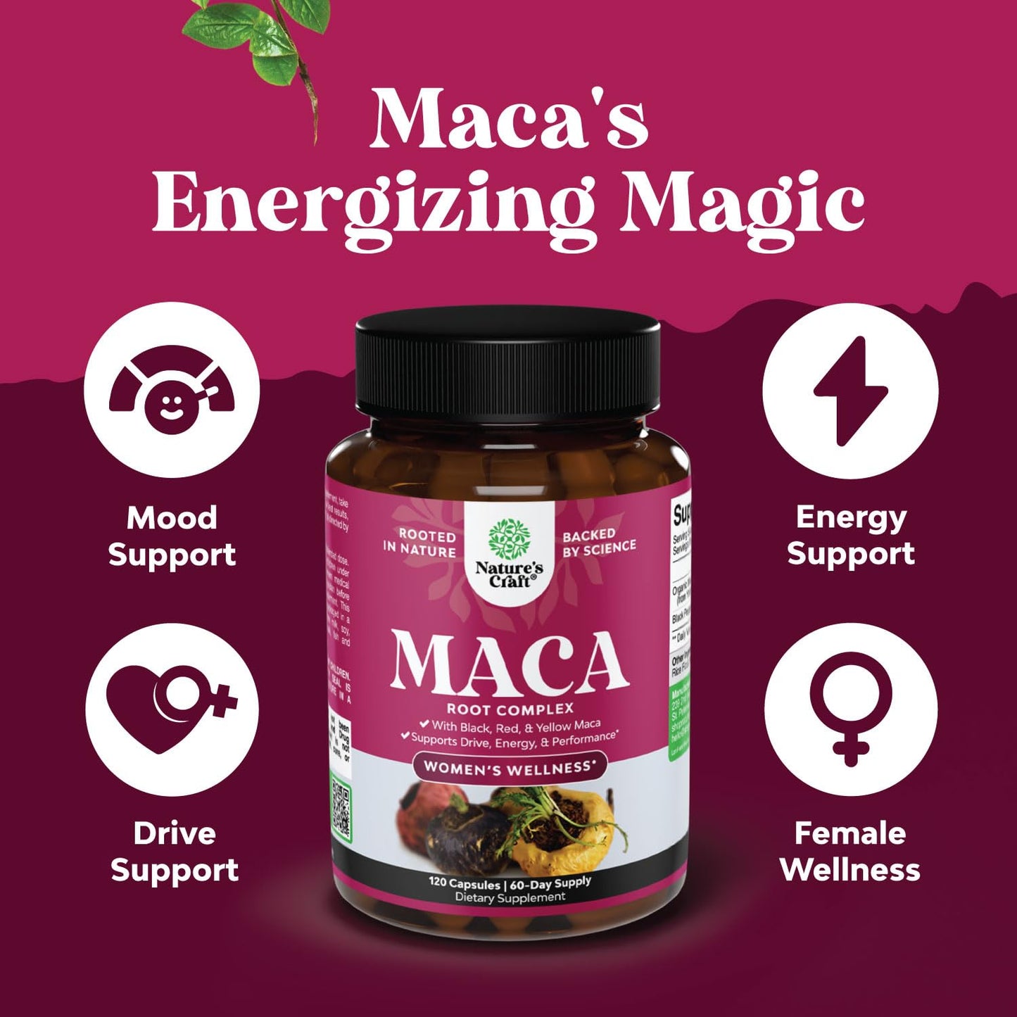 Organic Maca Root Capsules for Women - Potent Herbal Supplement with Female Enhancing Blend of Red Yellow & Black Maca Root - Non-GMO Certified Vegan and Gluten-Free with No Artificial Colors - 120ct - Medaid International