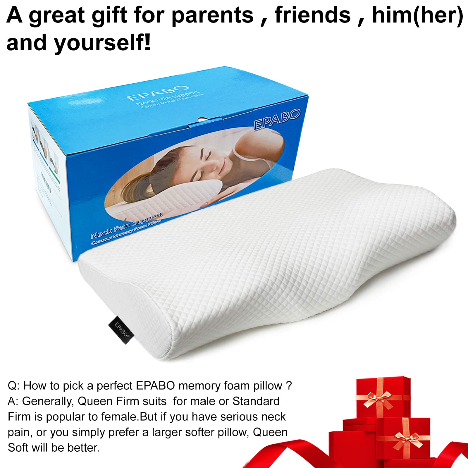 EPABO Contour Memory Foam Pillow Orthopedic Sleeping Pillows, Ergonomic Cervical Pillow for Neck Pain - for Side Sleepers, Back and Stomach Sleepers, Free Pillowcase Included (Firm & Queen) - Medaid International