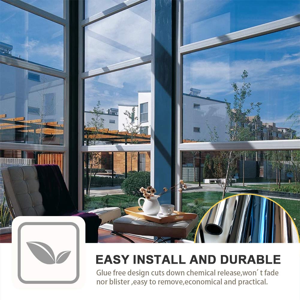 FILMGOO One Way Privacy Window Film Mirror Window Tint for Home Daytime Privacy Heat Control Anti UV Static Cling Covers (Black Silver,17.5 Inch X 94.48 Inch) - Medaid International