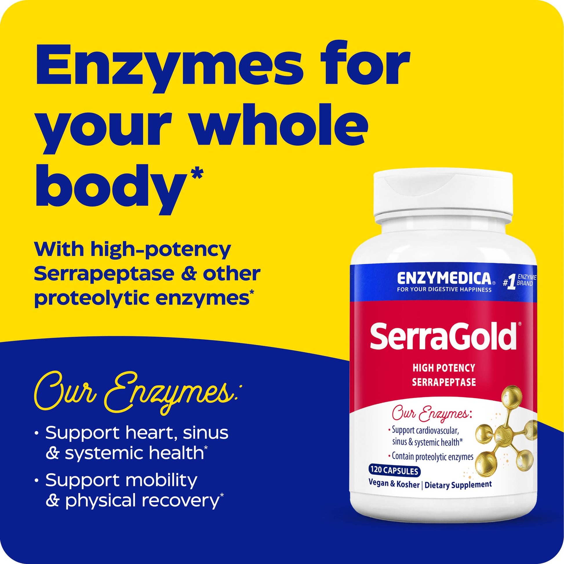 Enzymedica, SerraGold, Supports Recovery, Immune and Cardiovascular System, Natural Supplement, 120 Count (FFP) - Medaid International