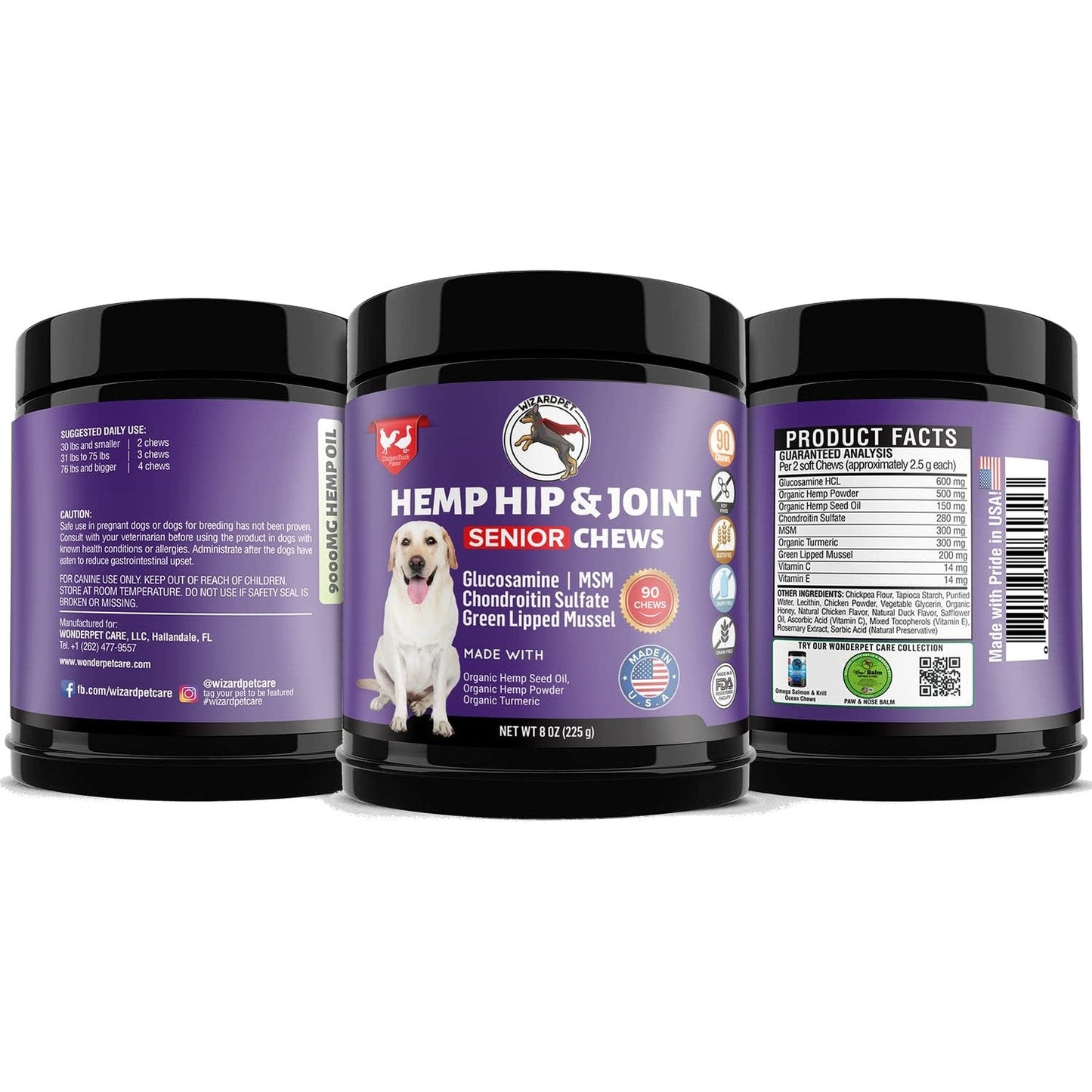 WIZARDPET Mobility Hemp Oil Hip & Joint Supplement for Senior Dogs Chondroitin Glucosamine MSM Turmeric Green Lipped Mussel Extra Strength Formula for Dog 90 Chews
