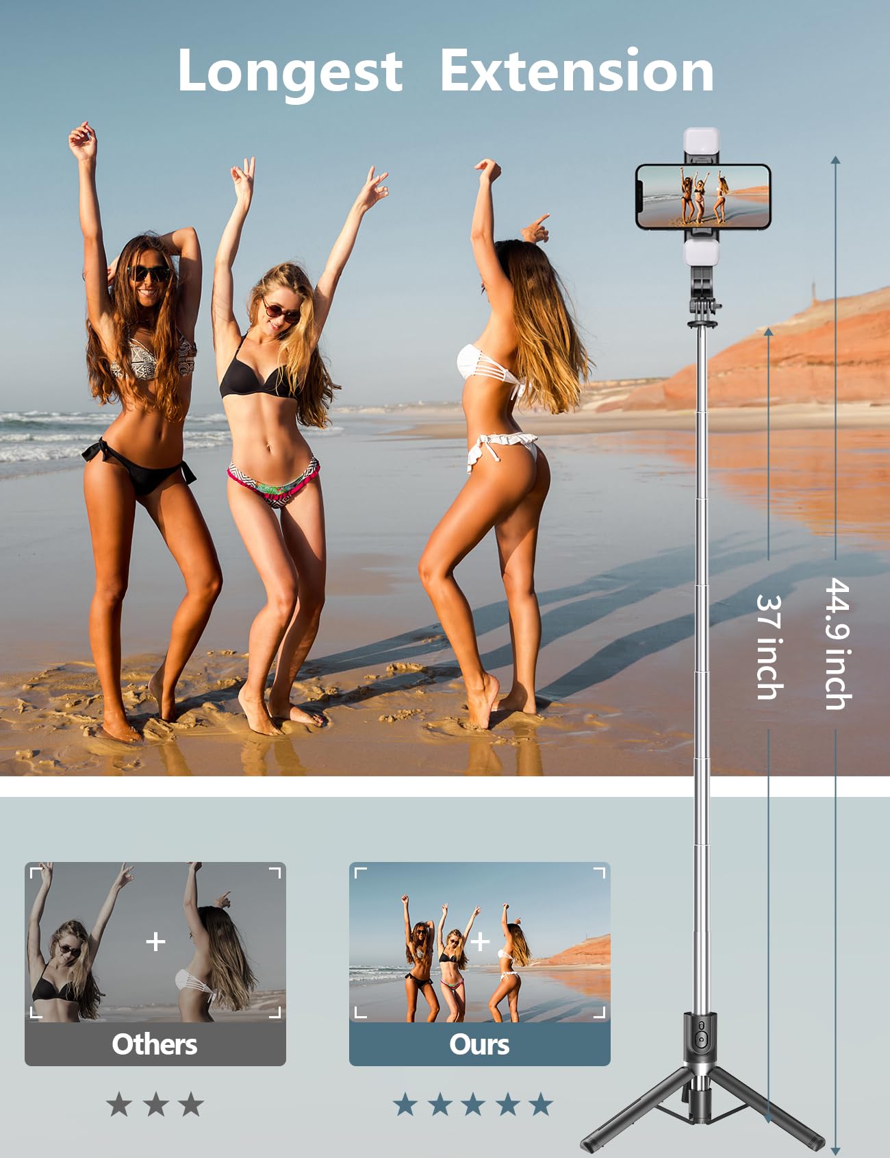 Selfie Stick Tripod with Light, 45'' Selfie Stick with Wireless Remote, Portable Phone Tripod Compatible with iPhone 16/15 Pro Max/15/14 Pro/14/13, Samsung S22/ S23 Ultra/Android Smartphone - Medaid International