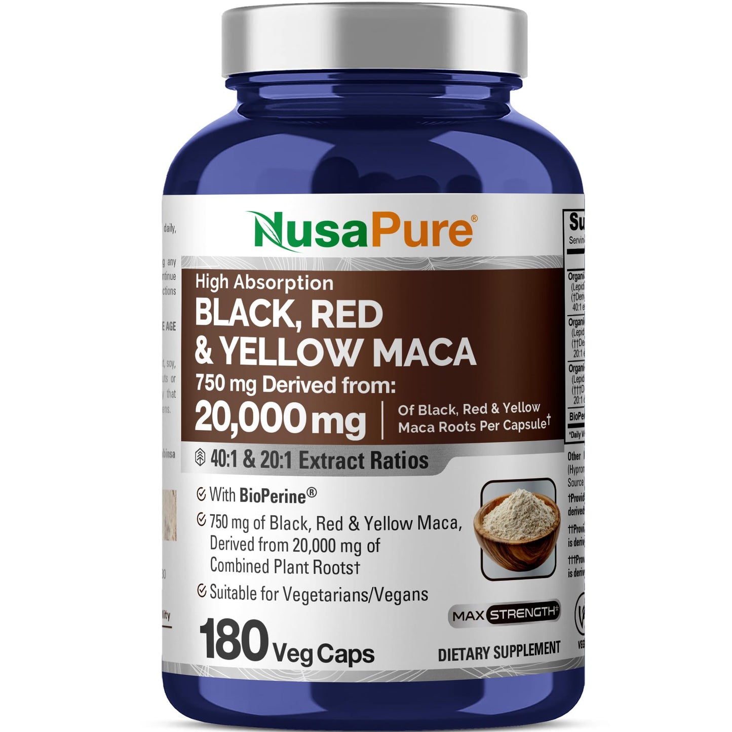 NusaPure Maca Root Black, Red, Yellow 20,000mg - 180 Vegan Capsules (Vegan,Non-GMO, Gluten Free) Bioperine - Medaid International