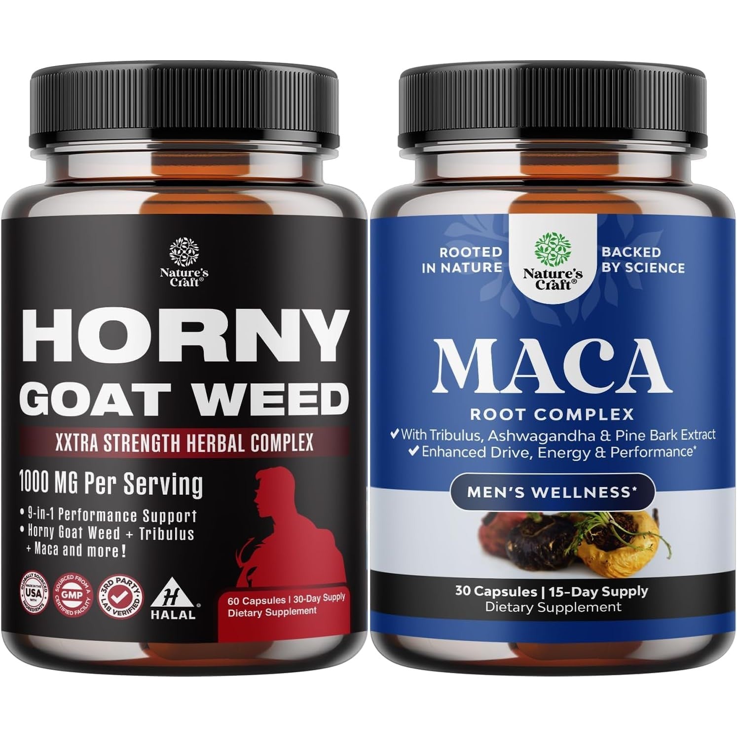 Bundle of Horny Goat Weed Extract Complex for Men and Women Enhanced Energy and Stamina and Black Maca Root Capsules for Men - Invigorating Drive Mood & Energy Booster for Men - Medaid International