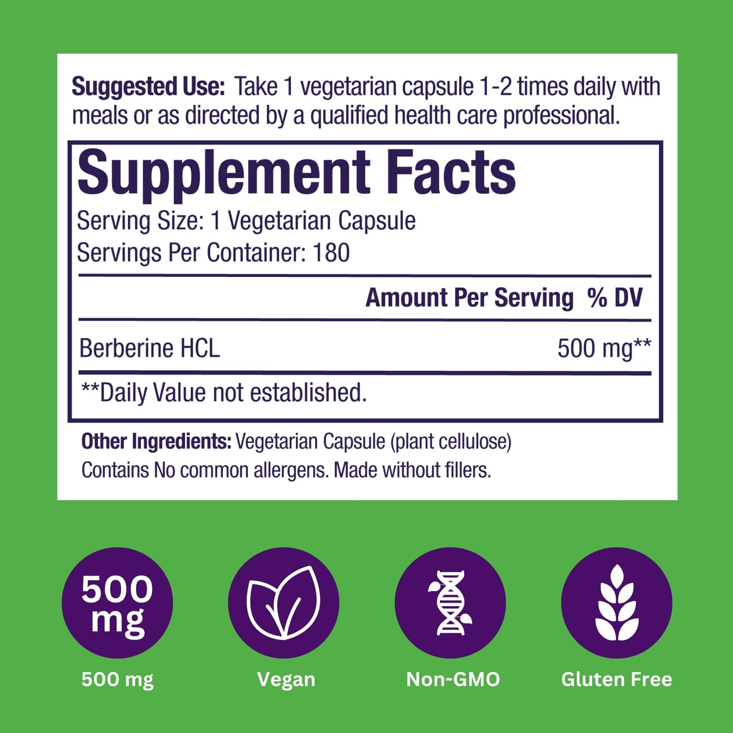 Paradise Herbs, Berberine Extract, 500 mg, Pure & Potent Berberine Supplement, Vegan, Non-GMO, Gluten Free, 180 Vegetarian Capsules - Medaid International