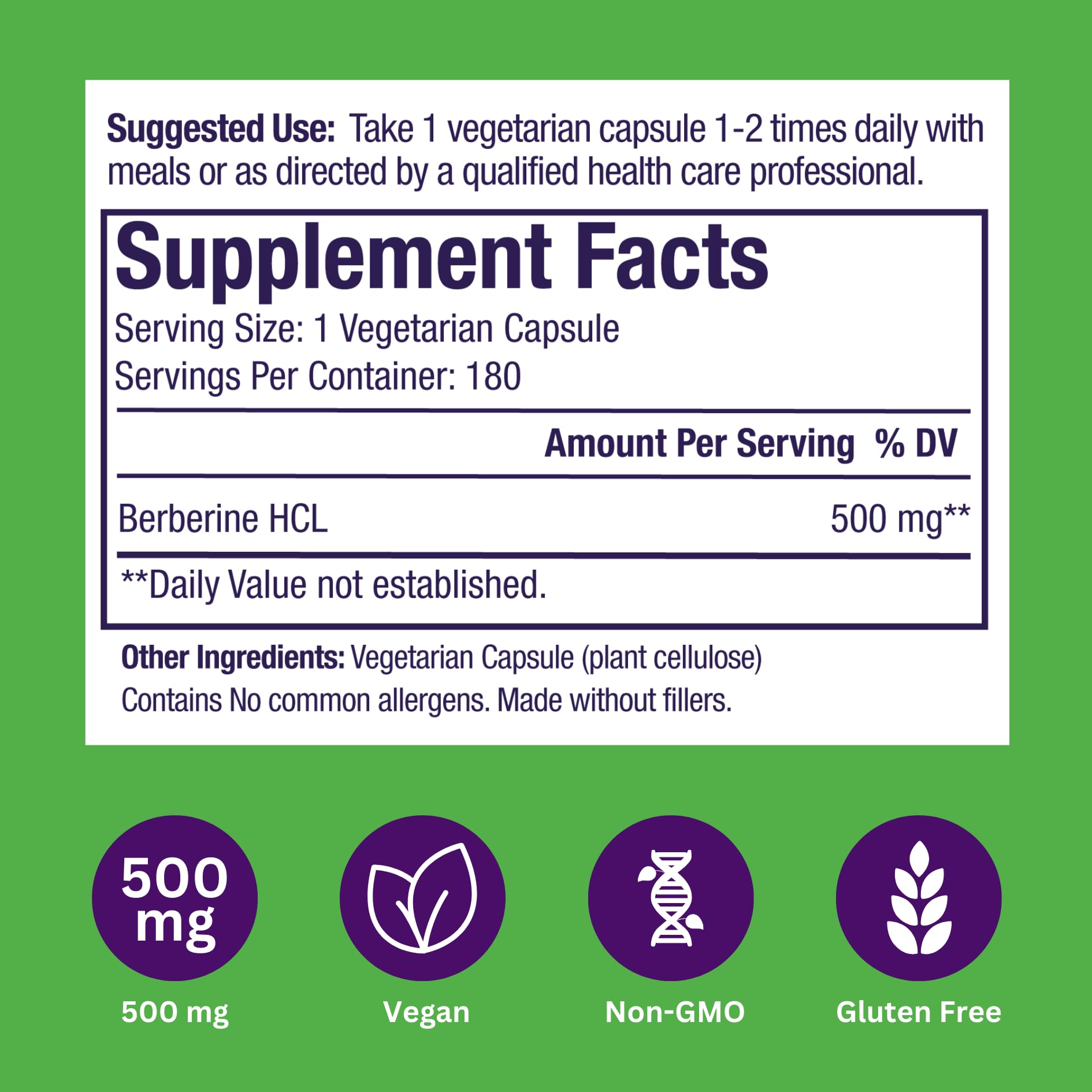 Paradise Herbs, Berberine Extract, 500 mg, Pure & Potent Berberine Supplement, Vegan, Non-GMO, Gluten Free, 180 Vegetarian Capsules - Medaid International
