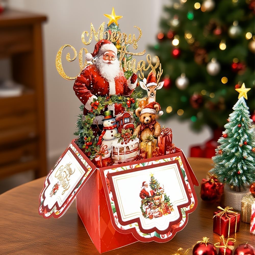 Vintage 4-Layer Christmas Greeting Card with Santa Claus, Reindeer & Tree Design - Paper Holiday Card with Envelope, Festive Holiday Party Invitation for Friends & Family - Medaid International