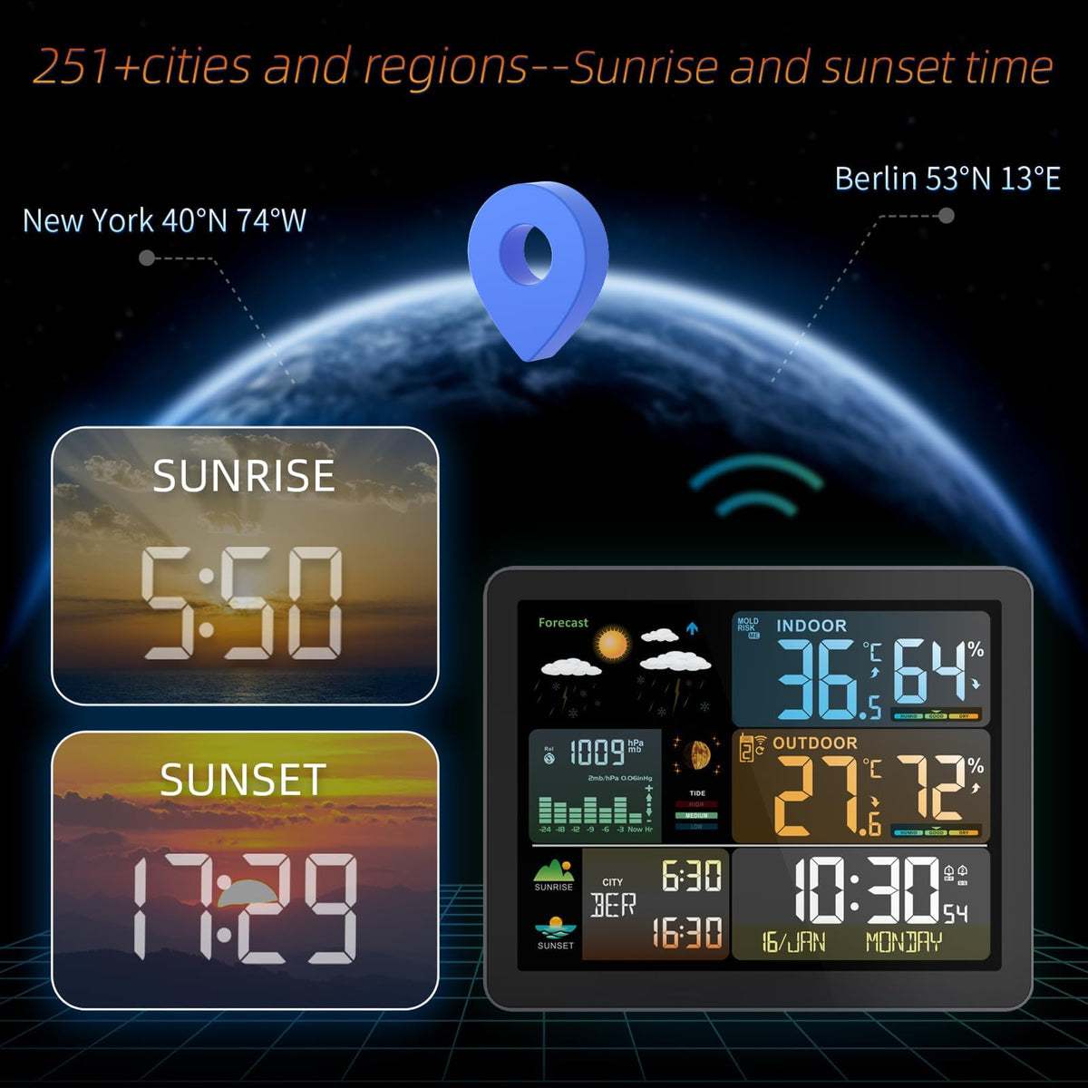 KASTWAVE Weather Station Wireless Indoor Outdoor Thermometer, Color Display Digital Weather Thermometer with Atomic Clock, Barometric Pressure, Forecast Station with Adjustable Backlight