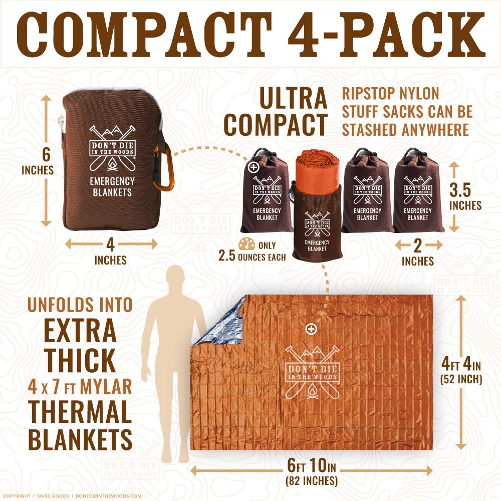 Don't Die In The Woods - World’s Toughest Emergency Blankets [4-Pack] Extra Thick Thermal Mylar Space Blanket - One of The Ten Essentials Outdoor Survival Gear Hiking Camping First Aid Kit (Orange)