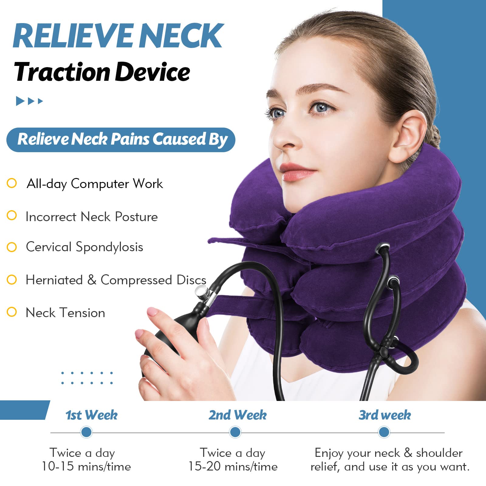 Jaximy Neck Stretcher for Neck Pain Relief, Cervical Traction Device, Neck Traction Device, Adjustable Inflatable Neck Brace & Cervical Neck Traction Device Home Use Decompression(Purple) - Medaid International