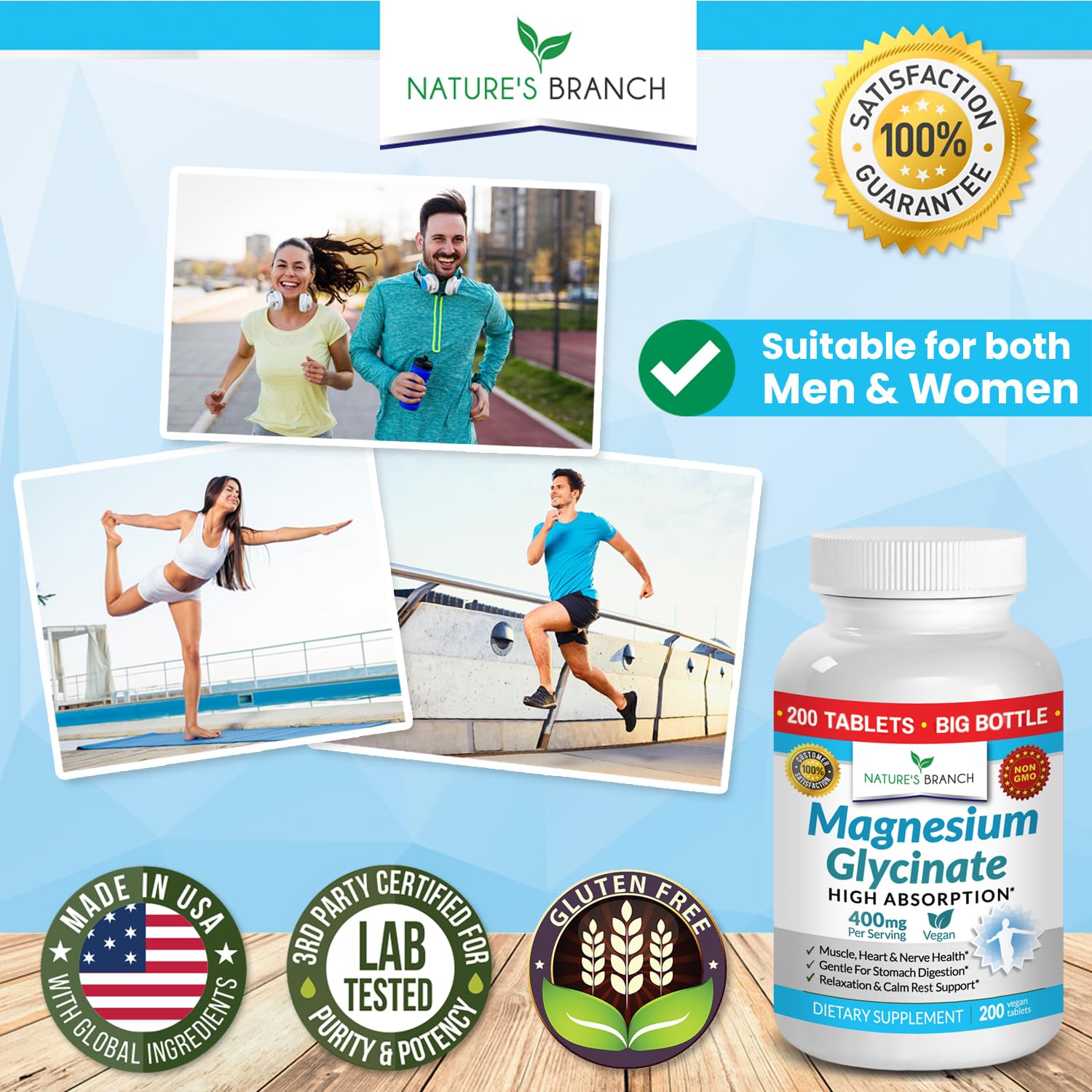 Magnesium Glycinate 400 mg - 200 Tablets - High Absorption, Non Buffered Bisglycinate Mag Supplement for Sleep, Leg Cramps, Heart, Ease Muscles, Calm Headaches for Women and Men, Non Powder Capsules - Medaid International