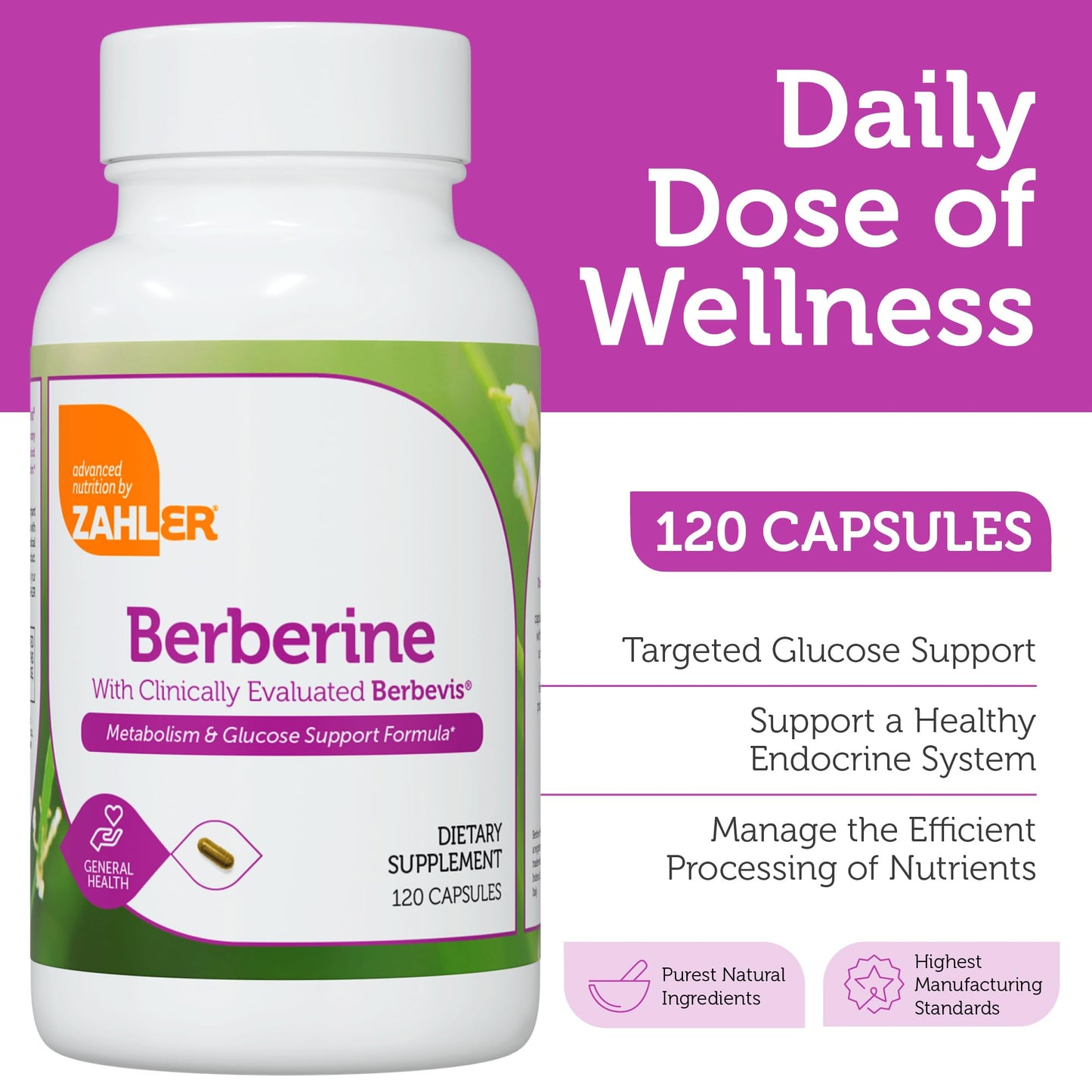Zahler Berberine Supplement 1000mg with Clinically Evaluated Berbevis Complex and Berberine HCl - Barberry Supplements for Metabolism Support and Berberine Glucose Support for Adults (120 Capsules) - Medaid International