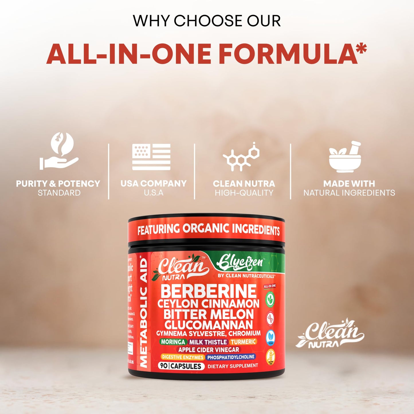 Clean Nutra Berberine and Ceylon Cinnamon Supplement Bitter Melon Glucomannan Gymnema Sylvestre Chromium Moringa Milk Thistle Turmeric Apple Cider Vinegar Digestive Enzymes Inositol Pills 90 Capsules - Medaid International