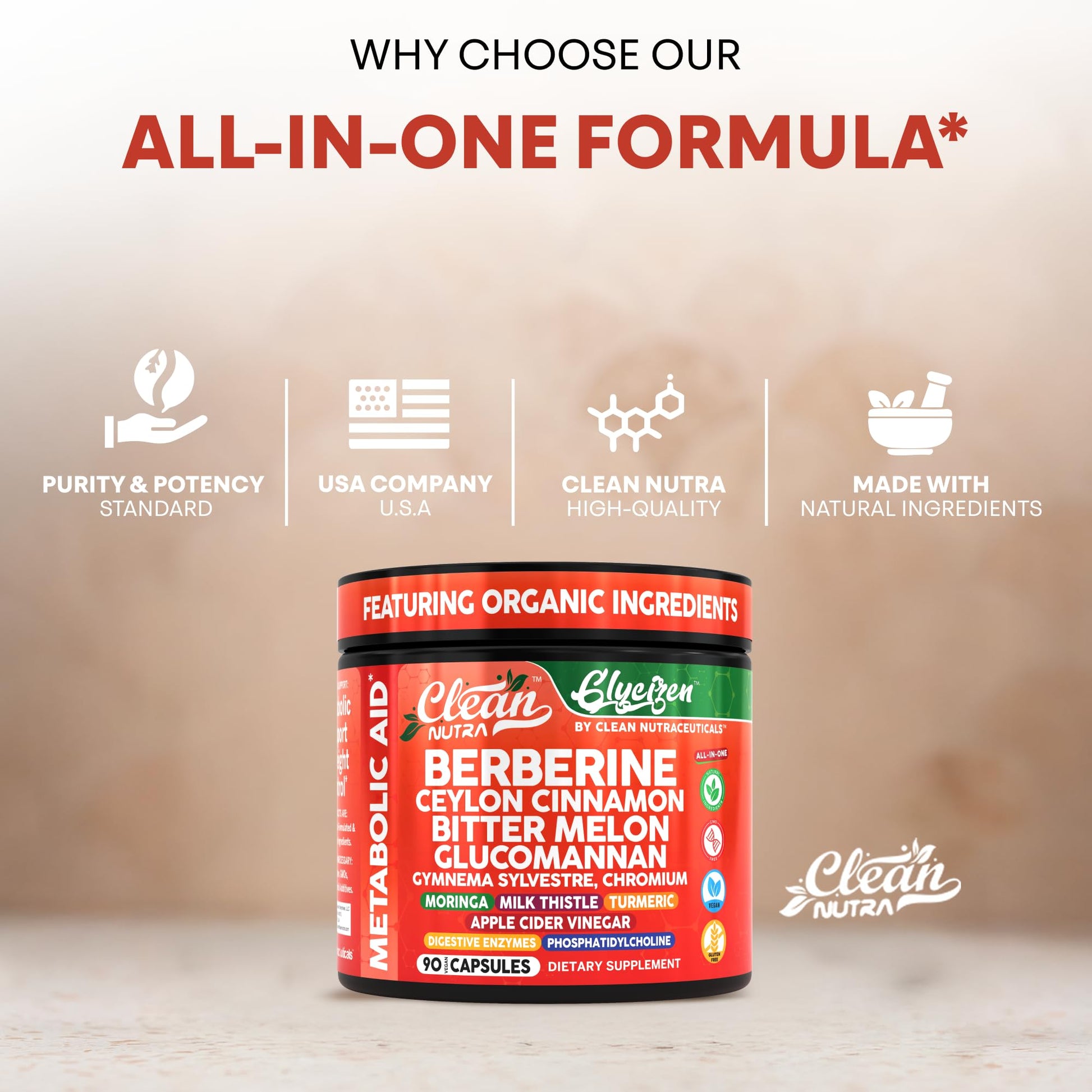 Clean Nutra Berberine and Ceylon Cinnamon Supplement Bitter Melon Glucomannan Gymnema Sylvestre Chromium Moringa Milk Thistle Turmeric Apple Cider Vinegar Digestive Enzymes Inositol Pills 90 Capsules - Medaid International