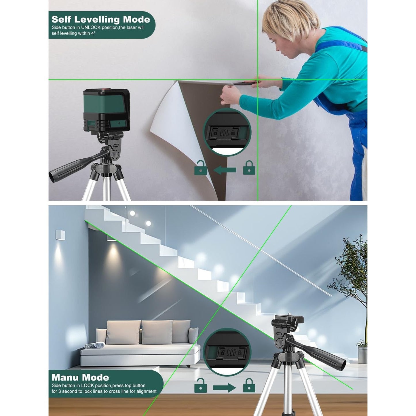 Nikotek Laser Level, Self-leveling Green Line Laser With Horizontal and Vertical Lines for Construction and Picture Hanging, Battery Included (NK02G With 26 inch Tripod) - Medaid International