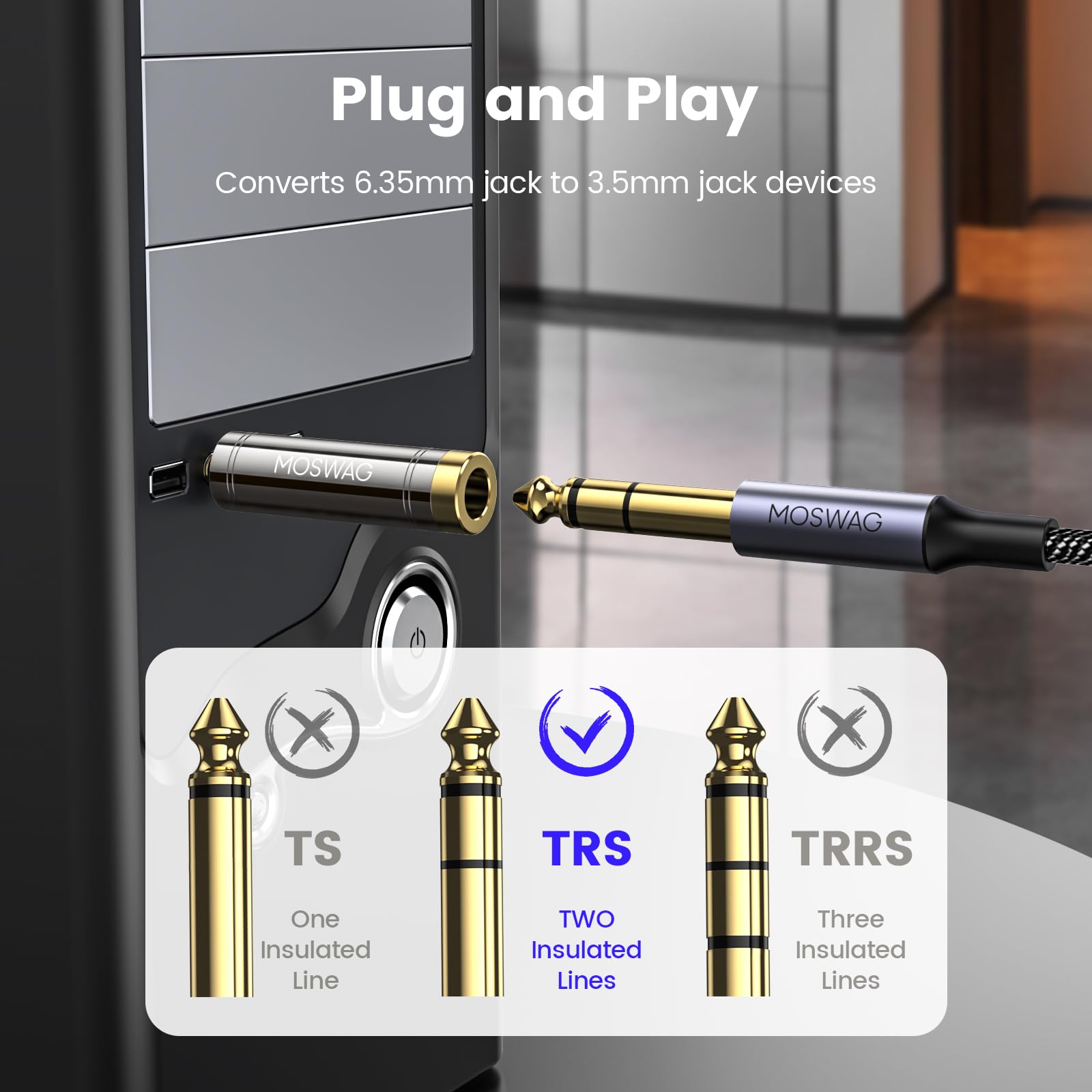 MOSWAG 3.5mm to 6.35mm Adapter, 3.5mm TRS 1/8 inch Audio Male to 6.35mm 1/4 inch Female Mic Plug Adapter Jack Converter for amplifiers, Mixing Console, Home Theater Devices, Electric Guitar -1Pack - Medaid International