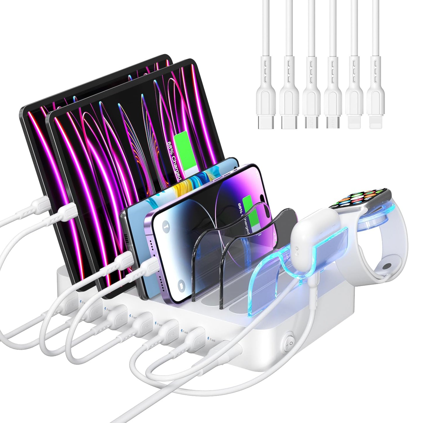 SooPii Premium 6-Port USB Charging Station Organizer for Multiple Devices, 6 Short Charging Cables and One Upgraded i-Watch Charger Holder Included, for Phones, Tablets, and Other Electronics, White - Medaid International