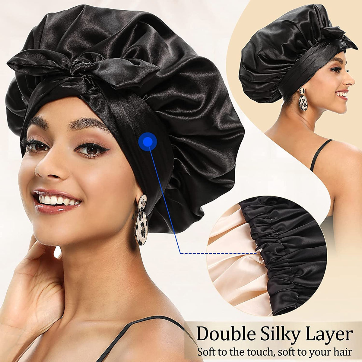 Satin Bonnet for Black Women, KASTWAVE Jumbo Silk Bonnet for Curly Hair, Silk Hair Wrap for Sleeping, Satin Bonnet with Stretchy Tie Band, Silk Bonnet for Curly Hair Wraps for Sleeping (Black)