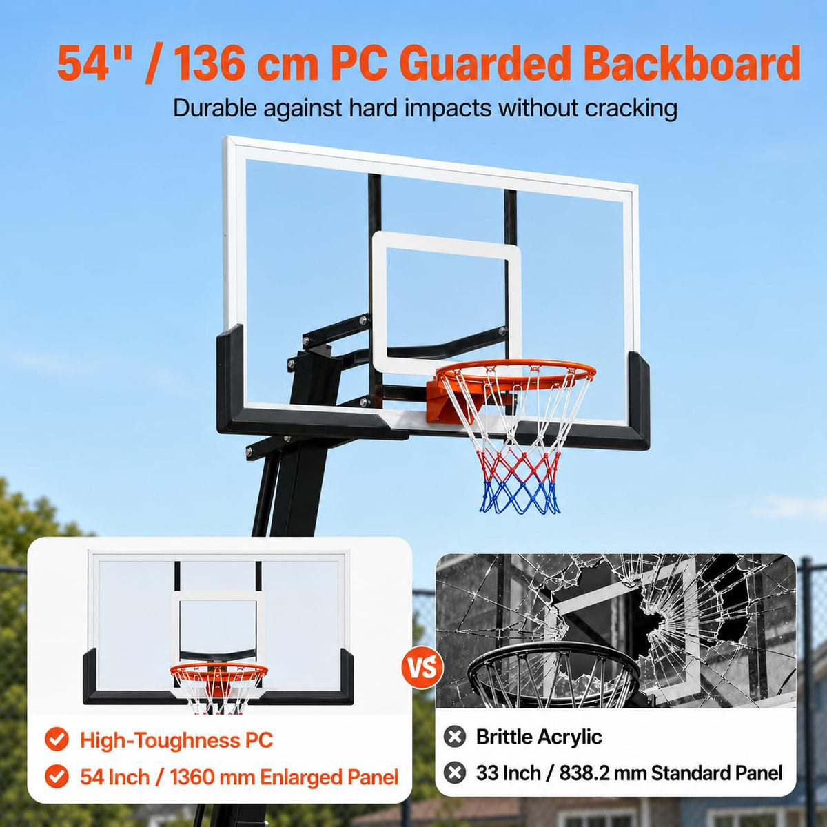 Basketball Hoop, 54 Inch PC Backboard Portable Basketball Goal System, 7.5-10 ft Height Adjustable Indoor Outdoor Hoop with Fillable Base & Wheels for Driveway Backyard Court