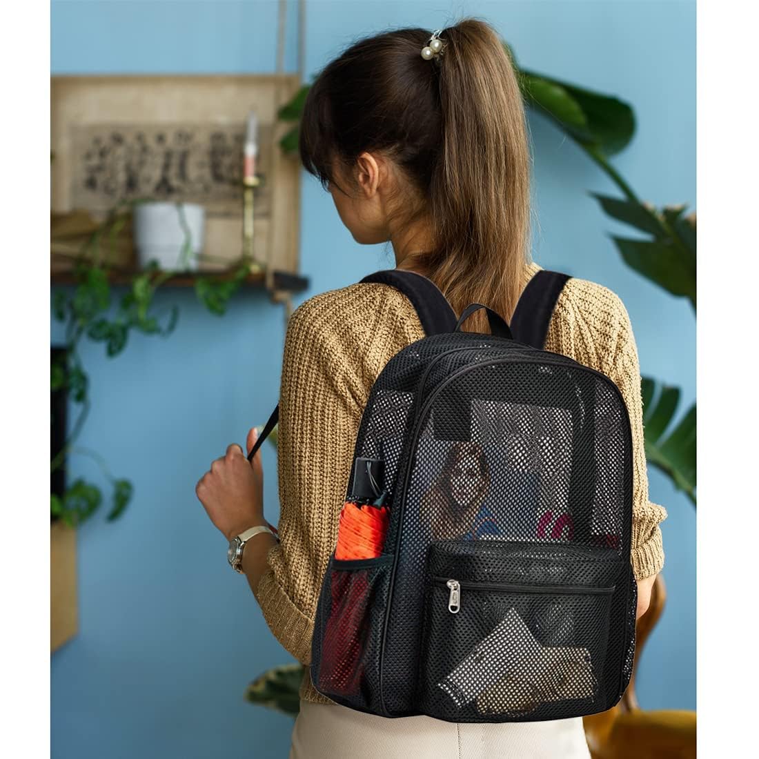 TERRIFI Mesh Backpack,See Through Mesh Bookbag Semi-transparent Student Backpack for Swimming Beach Outdoor Sports