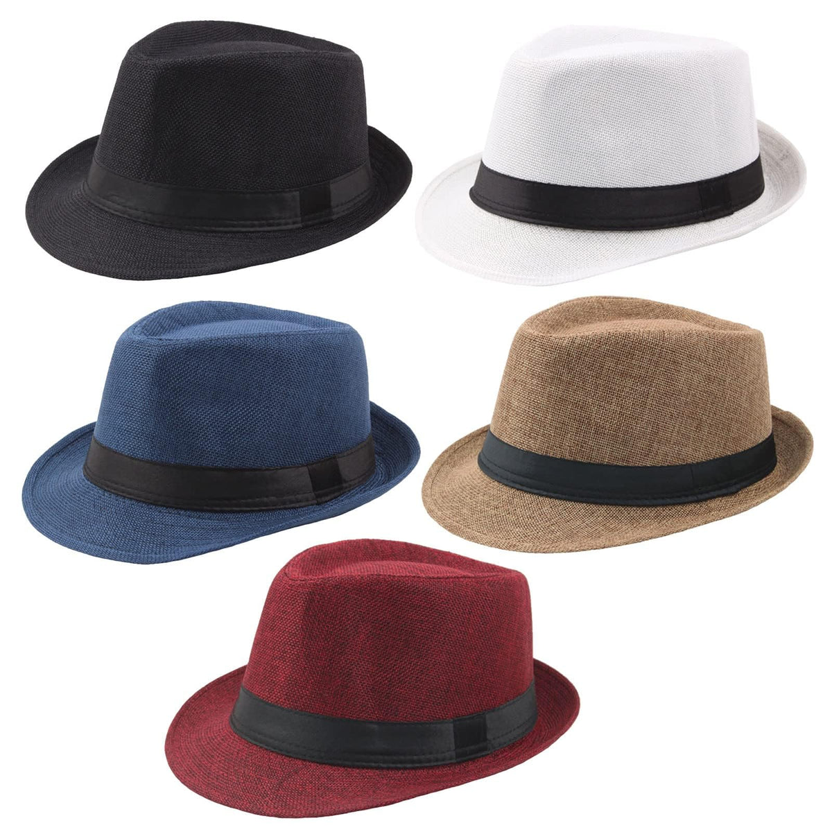 TERRIFI 5-Pack Short Brim Fedora Hats, Classic Summer Beach Sun Hat Panama Caps for Men and Women