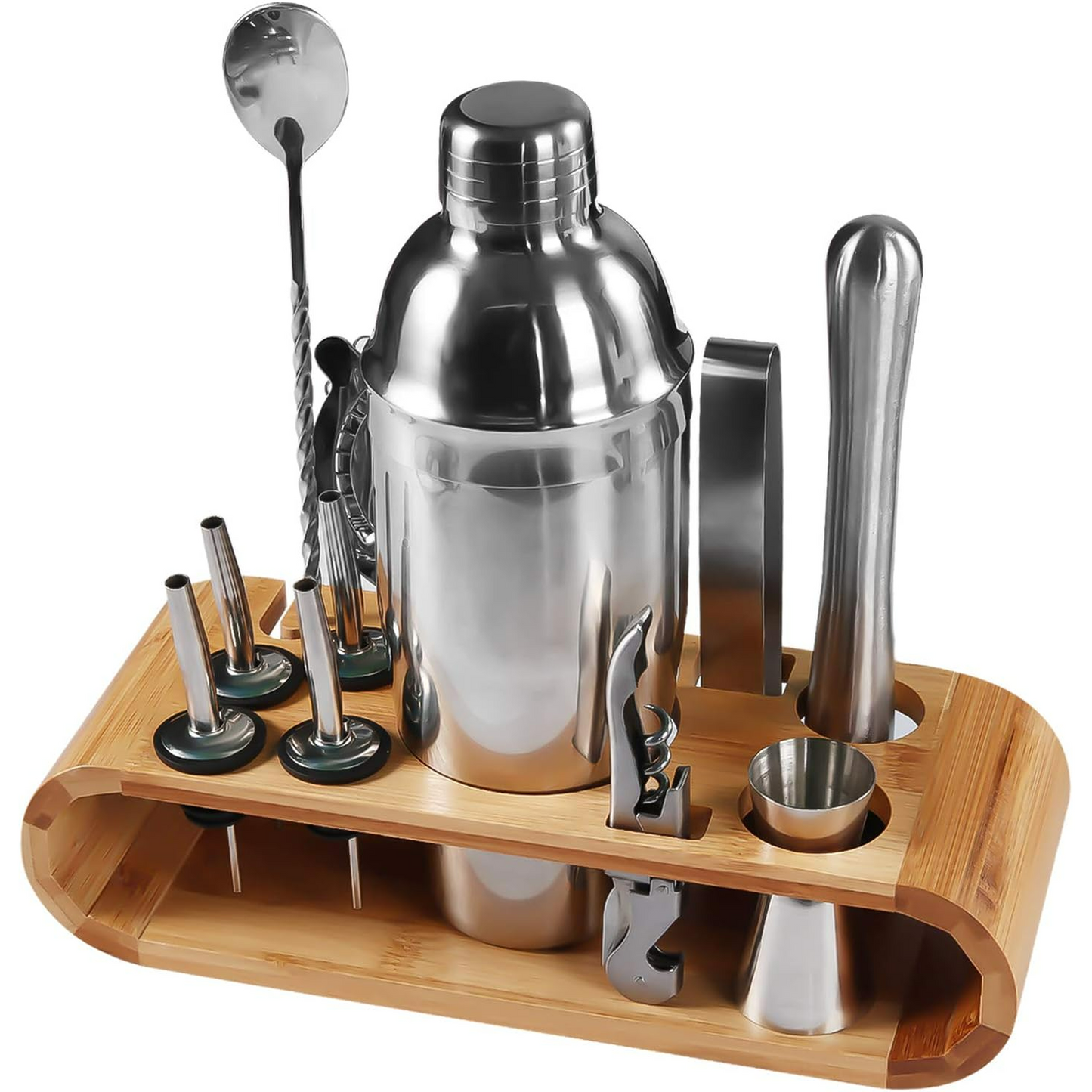 Cocktail Shaker Set Bartender Kit, Bar Set with Bamboo Stand 12 Piece Bartending Tools with Mocktail Recipes Booklet