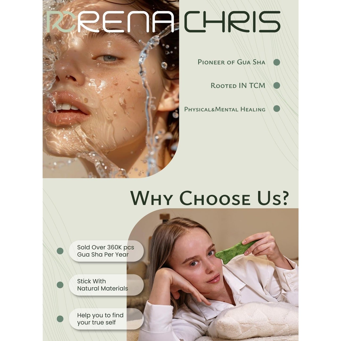 Rena Chris Natural Jade Gua Sha Facial Tools - Acupressure & Gua Sha for Face Massage, Jawline Sculpting, Puffiness Reduction, Skin Care Tool (Green) - Medaid International