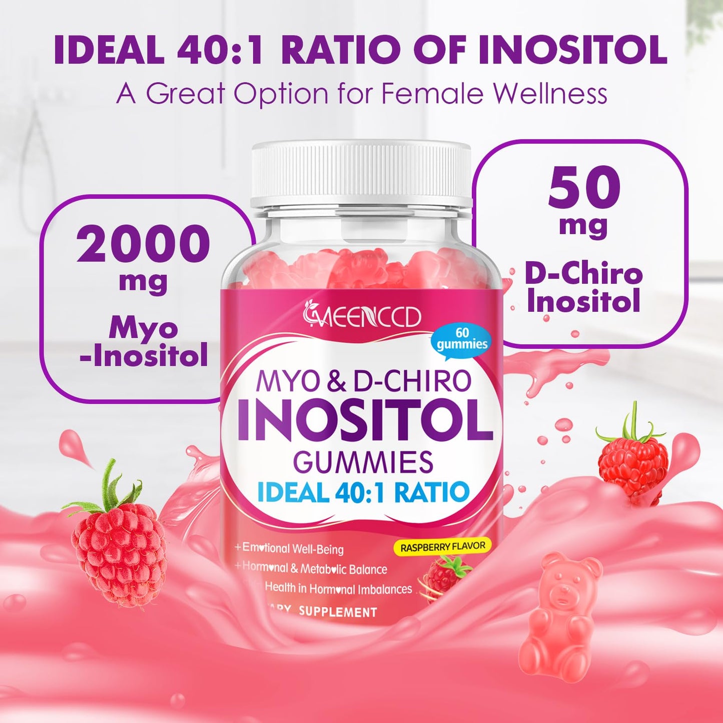 2 Pack Myo-Inositol & D-Chiro Inositol Gummies, 40:1 Ratio Inositol with Vitamin D3, Magnesium Glycinate, Folate & Zinc, Inositol Supplement for Female Health & Wellness, Raspberry Flavor, 120 Count - Medaid International