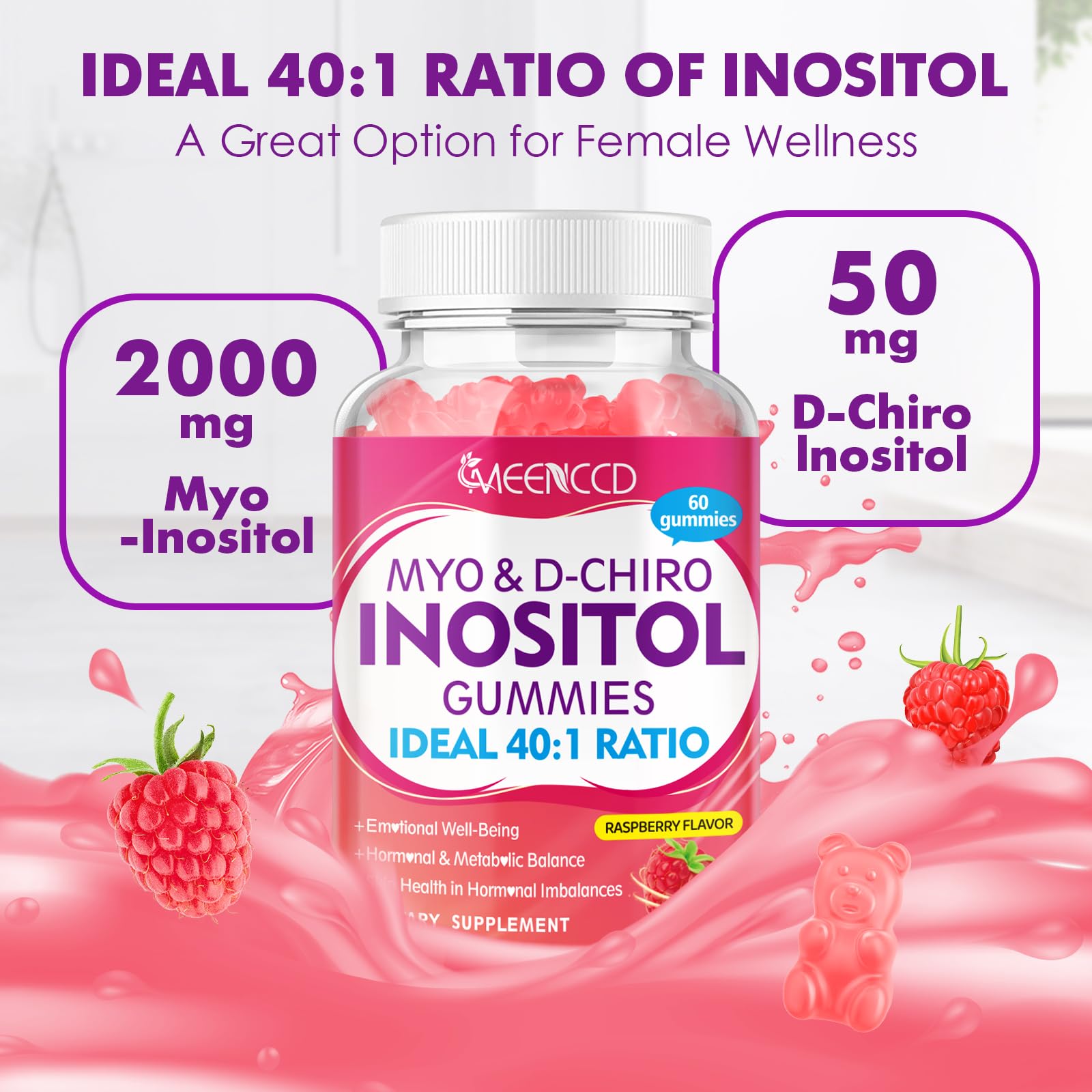 2 Pack Myo-Inositol & D-Chiro Inositol Gummies, 40:1 Ratio Inositol with Vitamin D3, Magnesium Glycinate, Folate & Zinc, Inositol Supplement for Female Health & Wellness, Raspberry Flavor, 120 Count - Medaid International