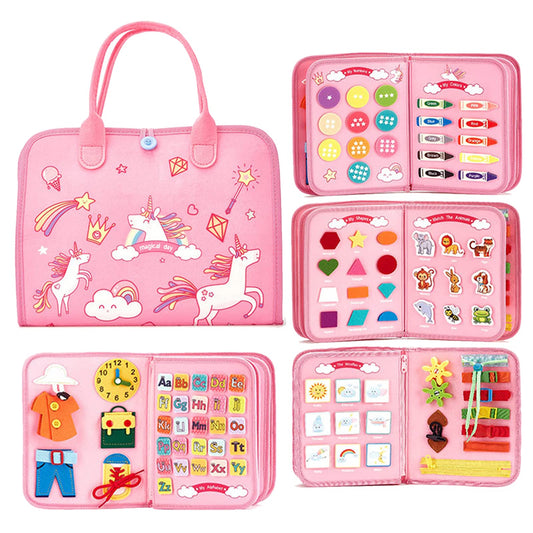Beauenty Busy Board, Montessori Toys for Toddlers Develop Basic Skills, Travel Educational Toys Learning Basic Dress Skills Sensory for 3 4 Year Old Boys Girls Birthday for Kids (Pink)