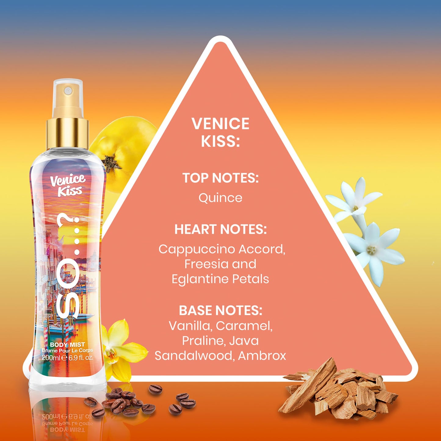 So…? Venice Kiss Body Mist - Vanilla Gourmand with Fruity Floral Perfume for Women - Refreshing Body Spray, Gifts 6.9 oz - Medaid International