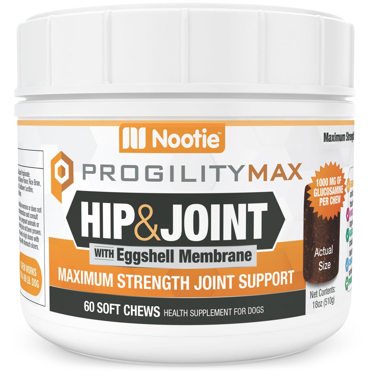 Progility Maximum Strength Hip & Joint Supplement for Large Dogs – Daily Mobility & Joint Support with Eggshell Membrane, Glucosamine, Chondroitin, & MSM, Soft Chews (60 Count)