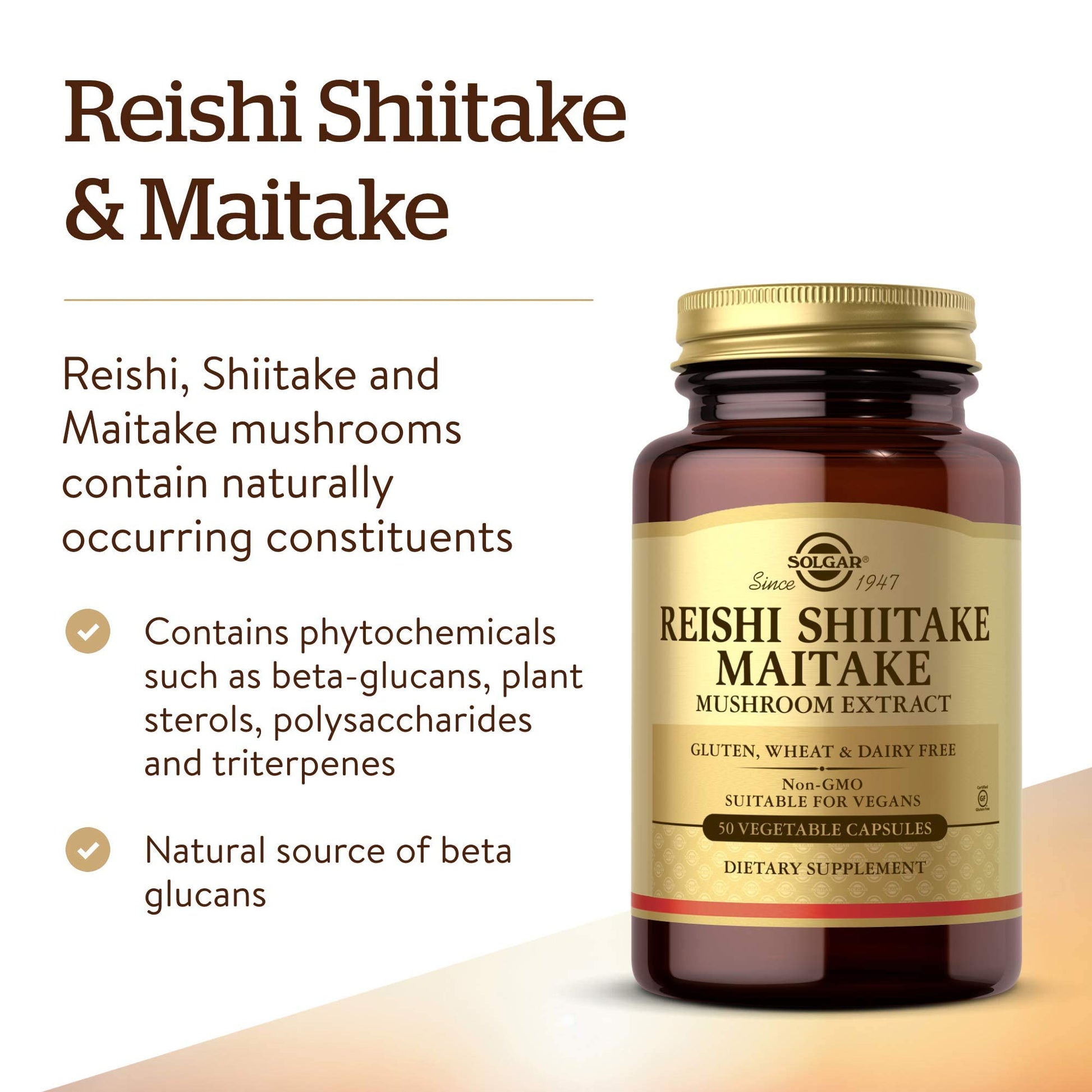 Solgar Multi-Mushroom Complex, 50 Vegetable Capsules - Reishi, Shiitake, Maitake Mushroom Extract - Natural Source of Beta Glucans - Non-GMO, Vegan, Gluten Free, Dairy Free - 50 Servings - Medaid International