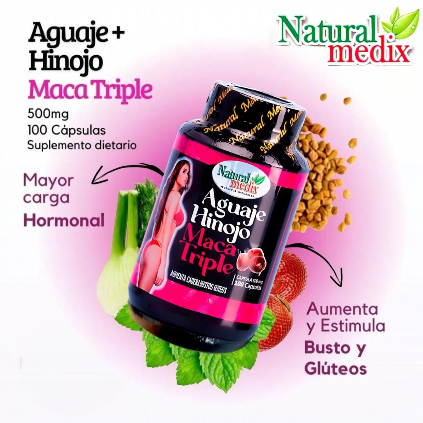 Natural medix Aguaje Hinojo Maca Triple (Maca Root Supplement) Premium 100 Capsules - Peruvian Butt and Breast Enhancement Capsules - Female Health Supplement - Curves Powerful Antioxidant - Medaid International
