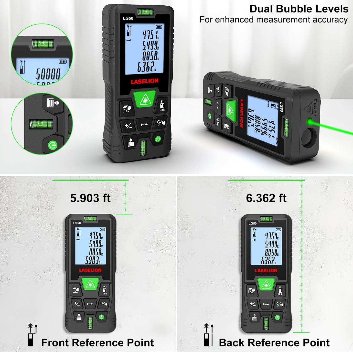 LASELION Laser Measurement Tool,165ft Green-Beam Laser Measure Device Portable M/in/Ft Unit Switching Backlit LCD Laser Distance Measure for Pythagorean Mode,Measuring Distance,Area,Volume-LG50 - Medaid International
