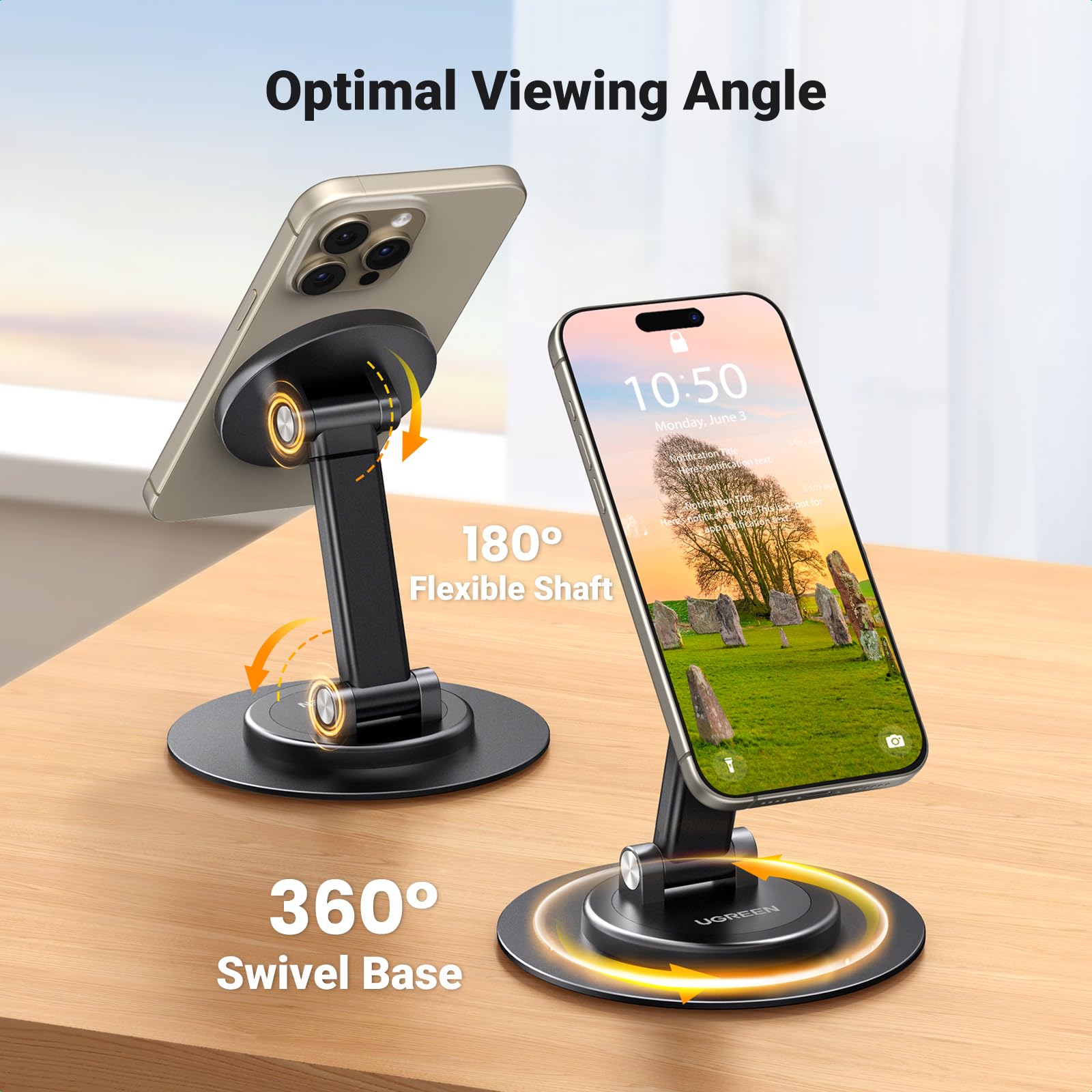 UGREEN Magnetic Phone Stand for MagSafe, Height Adjustable iPhone Stand for Desk with 360° Rotation Compatible for iPhone 17 Air 16 Pro 15 Pro Max 14 Plus 13 12 and MagSafe Case, Black - Medaid International