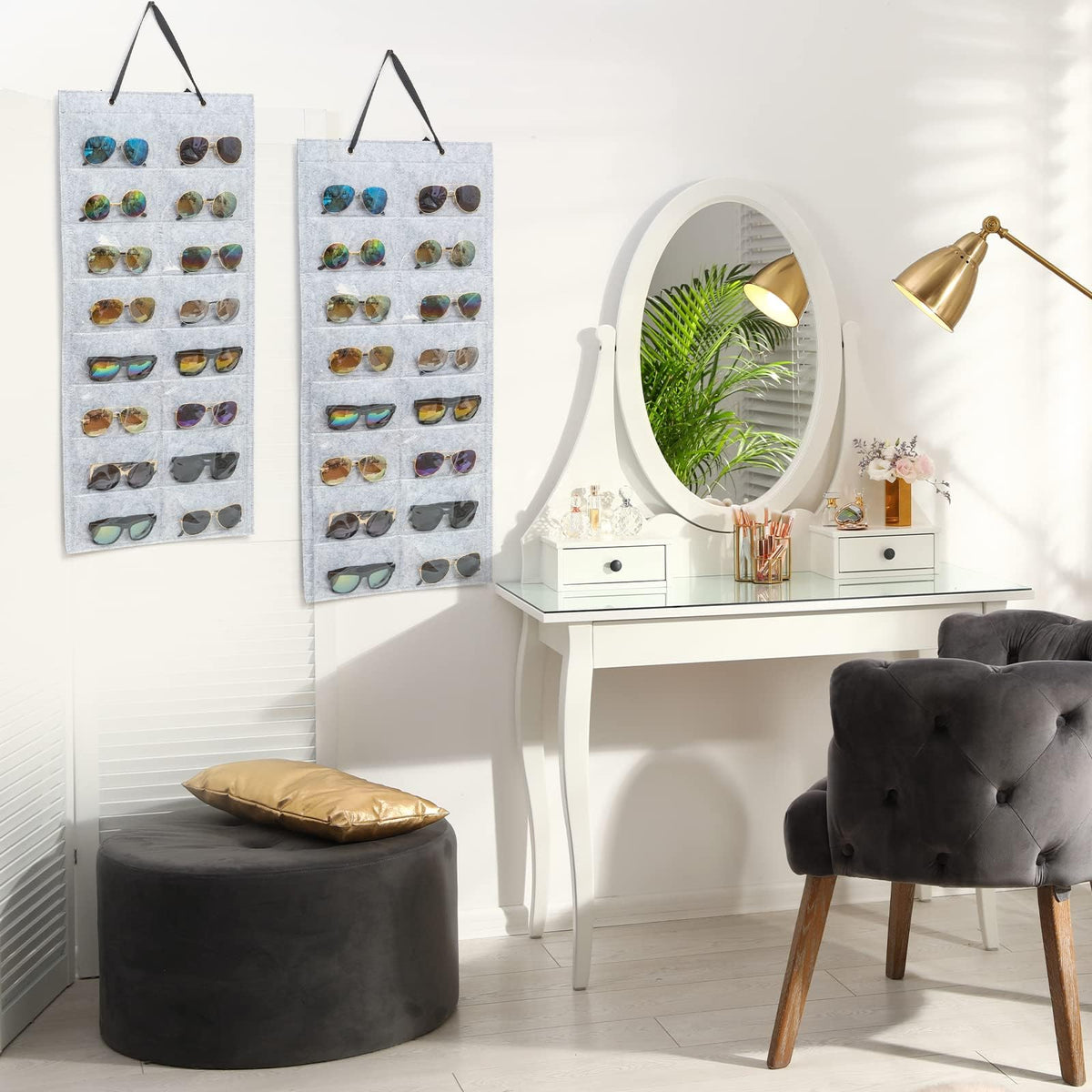 TERRIFI Sunglasses Organizer and Storage Bag - Hanging Dust Proof Wall Pocket With 16 Felt Slots Double Sided Holder - 2 Pack