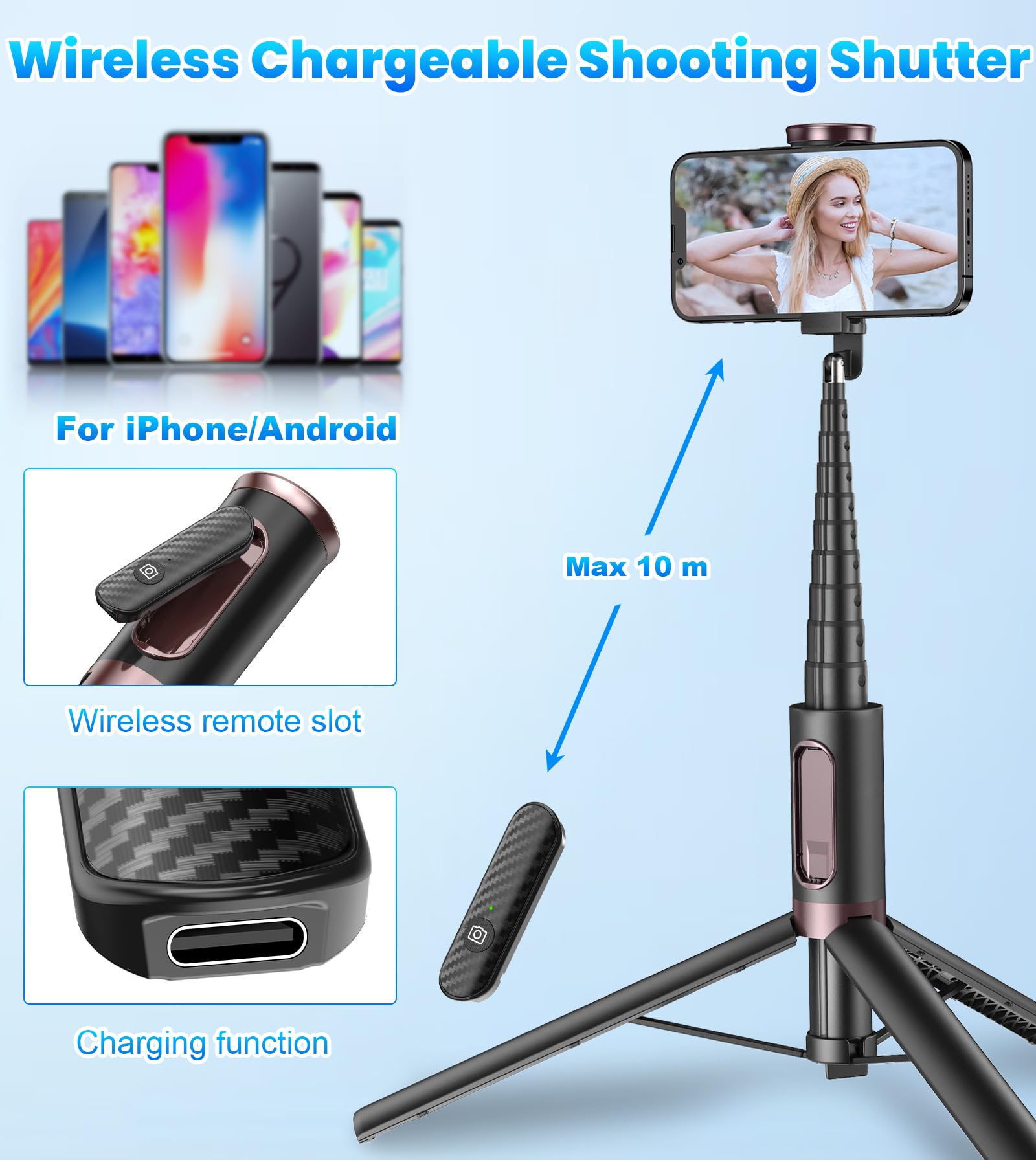 TONEOF 67" Cell Phone Selfie Stick Tripod,Smartphone Stand All-in-1 with Integrated Wireless Remote,Portable,Lightweight,Extendable for iPhone/Android(Black) - Medaid International