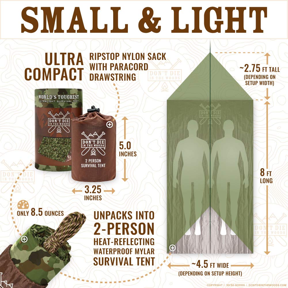 Don't Die In The Woods - Survival Tent - Made with Extra-Thick Space Blanket Thermal Mylar - Emergency Shelter Tube Tent - One of The 10 Essentials for Hiking, Camping, First Aid Kits (Camo)
