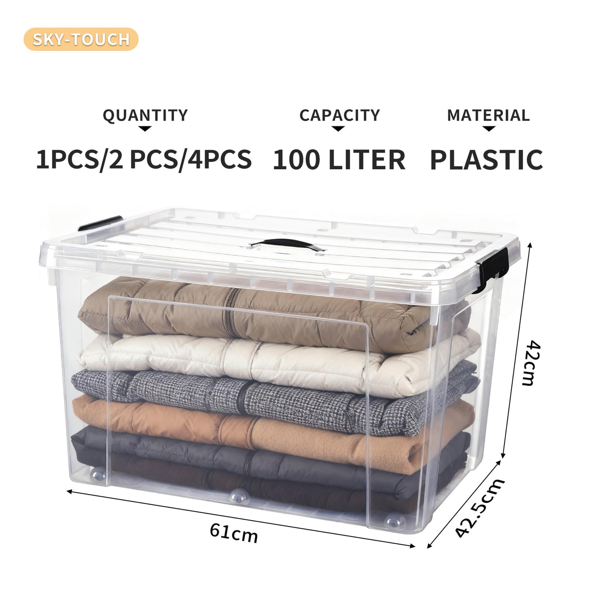 SKY-TOUCH 100 Liters Clear Plastic Storage Box with Lockable Lid & Wheels,Plastic Organizer Bin with Handles,for Storing Clothes, Toys, Tools,70x51x43cm,1pcs XL Large Size