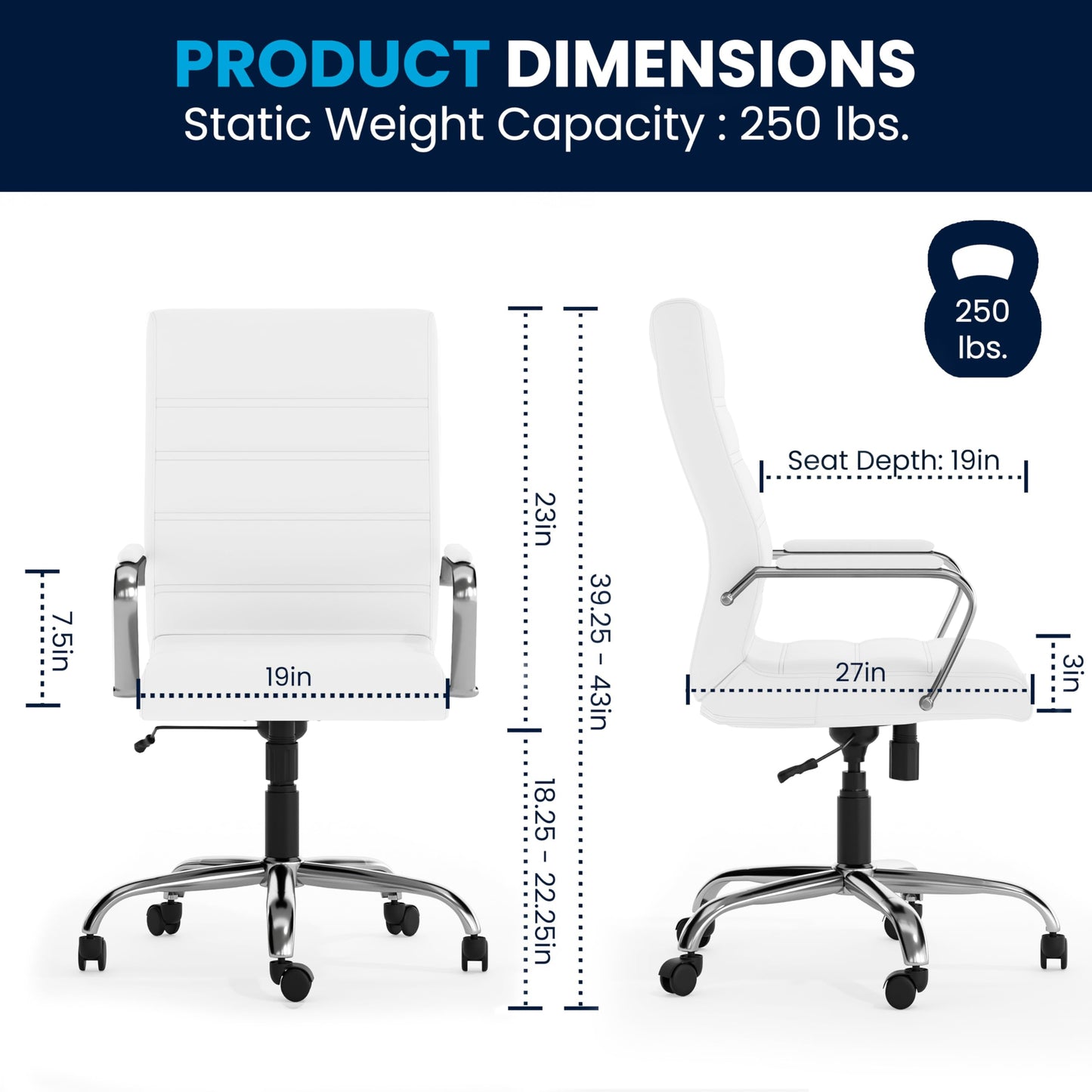 Flash Furniture Whitney High-Back Swivel LeatherSoft Desk Chair with Padded Seat and Armrests, Adjustable Height Padded Office Chair, White/Chrome - Medaid International