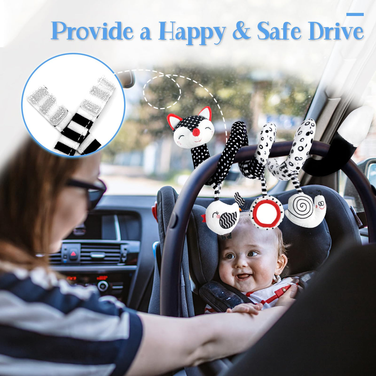 KASTWAVE Infant Car Seat and Stroller Toys - Black and White High Contrast Fox Spiral Activity Plush with Hanging Rattles, Ideal Visual Development Toy for Newborns and Babies, Gift for Girls and Boys