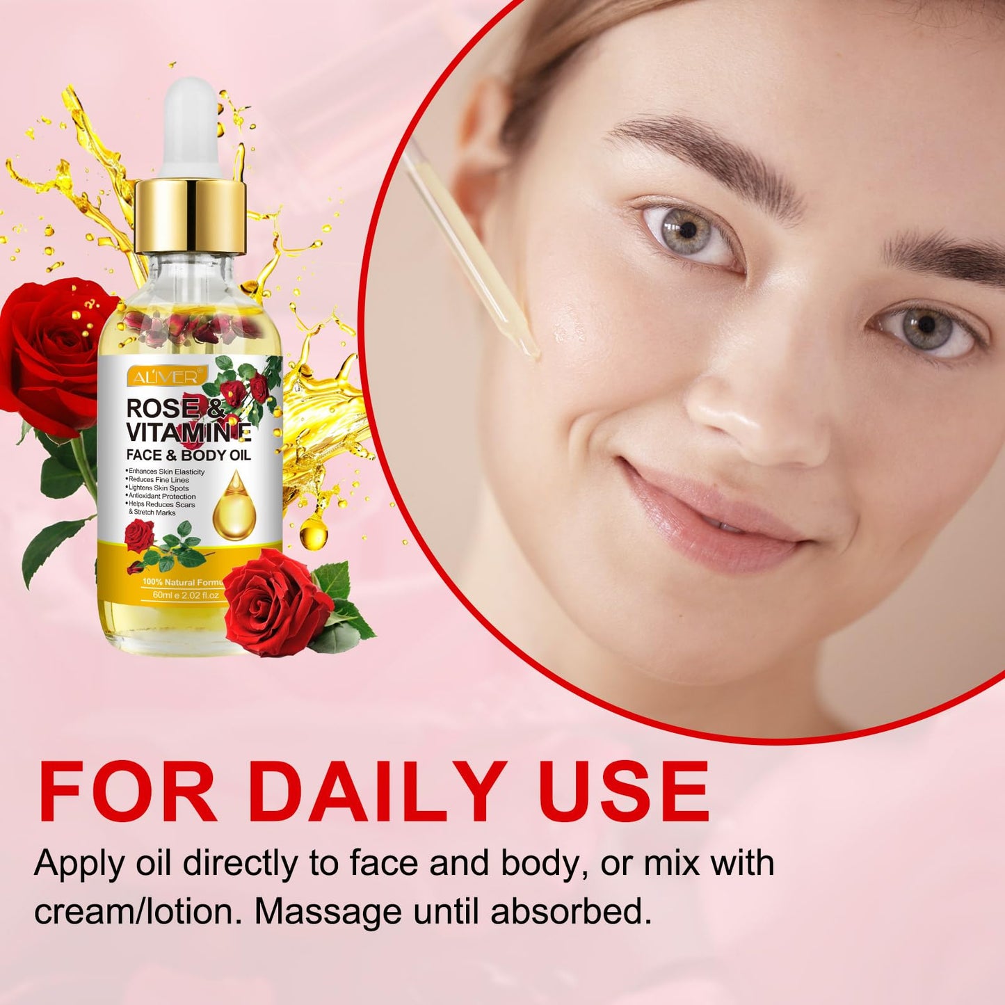 RoongDuuDll Rose Oil for Face with Rose Petal Flower, Natural Vitamin E Oil for Anti-aging, Scars & Stretch Mark, Gua Sha Face Oil, Massage Body Oil Scented for Dry Skin, Scalp and Nail - 60ml - Medaid International