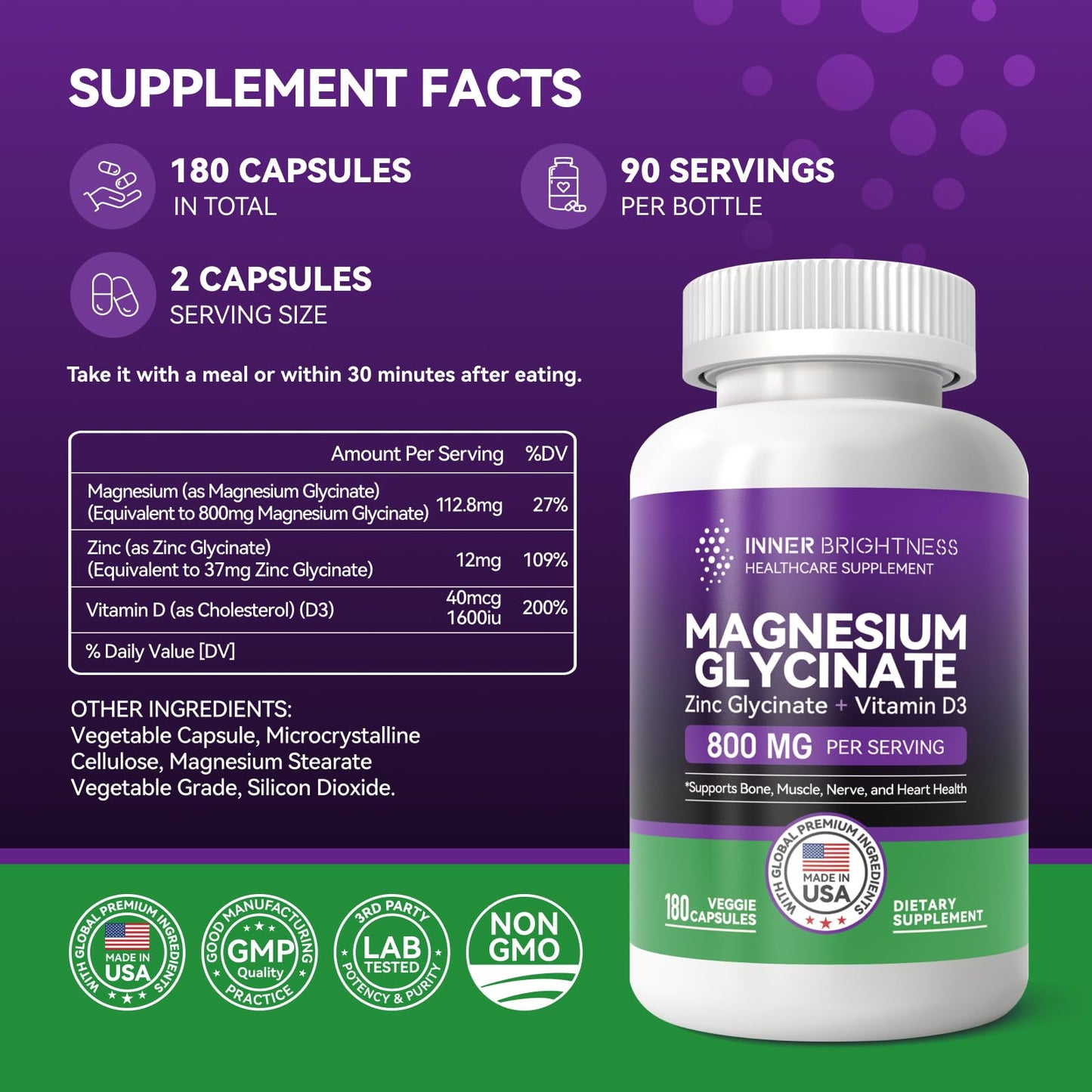 Magnesium Glycinate - Magnesium Supplement with Zinc & Vitamin D3 for Sleep, Immune, Bone & Muscle Support and Heart Health - Non-GMO, Gluten-Free, Gentle on Stomach - 180 Vegetarian Capsules - Medaid International